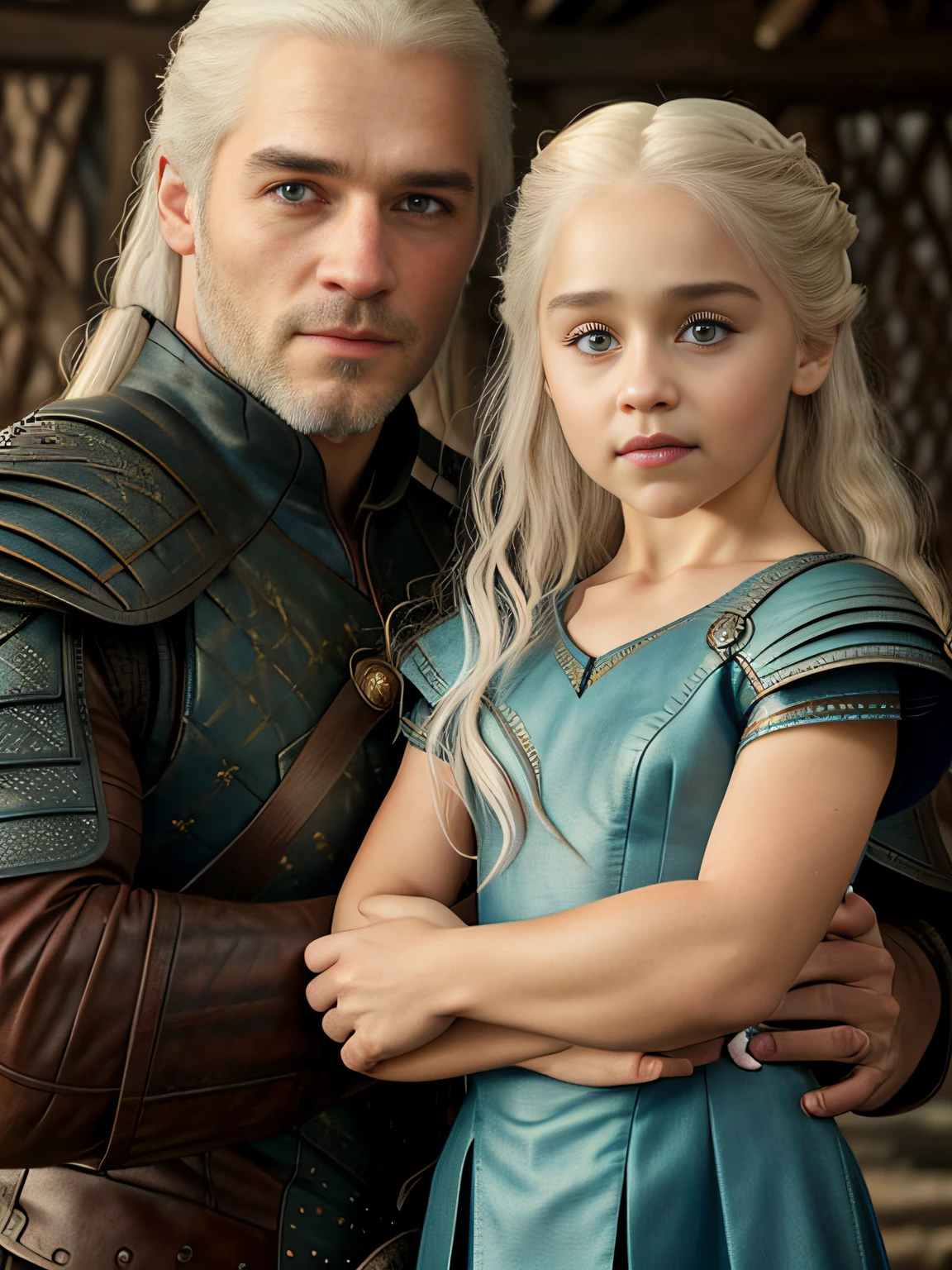 raw fullbody ((family photo of a father and mother holding their daughter)), 1girl, [daenerys targaryen|Emilia Clarke], (1man, Henry Cavill as Geralt de Rivia The Witcher), playing with their ((5 ******** daughter)))), medieval clothing,((half body shot)), realistic proportions, realistic pupils, ((3 member family portrait)) limited palette, highres, cinematic lighting, 8k resolution, front lit, sunrise, RAW photo, Nikon 85mm, Award Winning, Glamour Photograph, extremely detailed, beautiful Ukrainian, mind-bending, Noth-Yidik, raw fullbody photo of Daenerys Targaryen and Geralt de Rivia The Witcher with 5 ******** daughter, highly detailed, artstation, smooth, sharp focus, 8K,, trending on instagram, trending on tumblr, hdr 4k, 8k