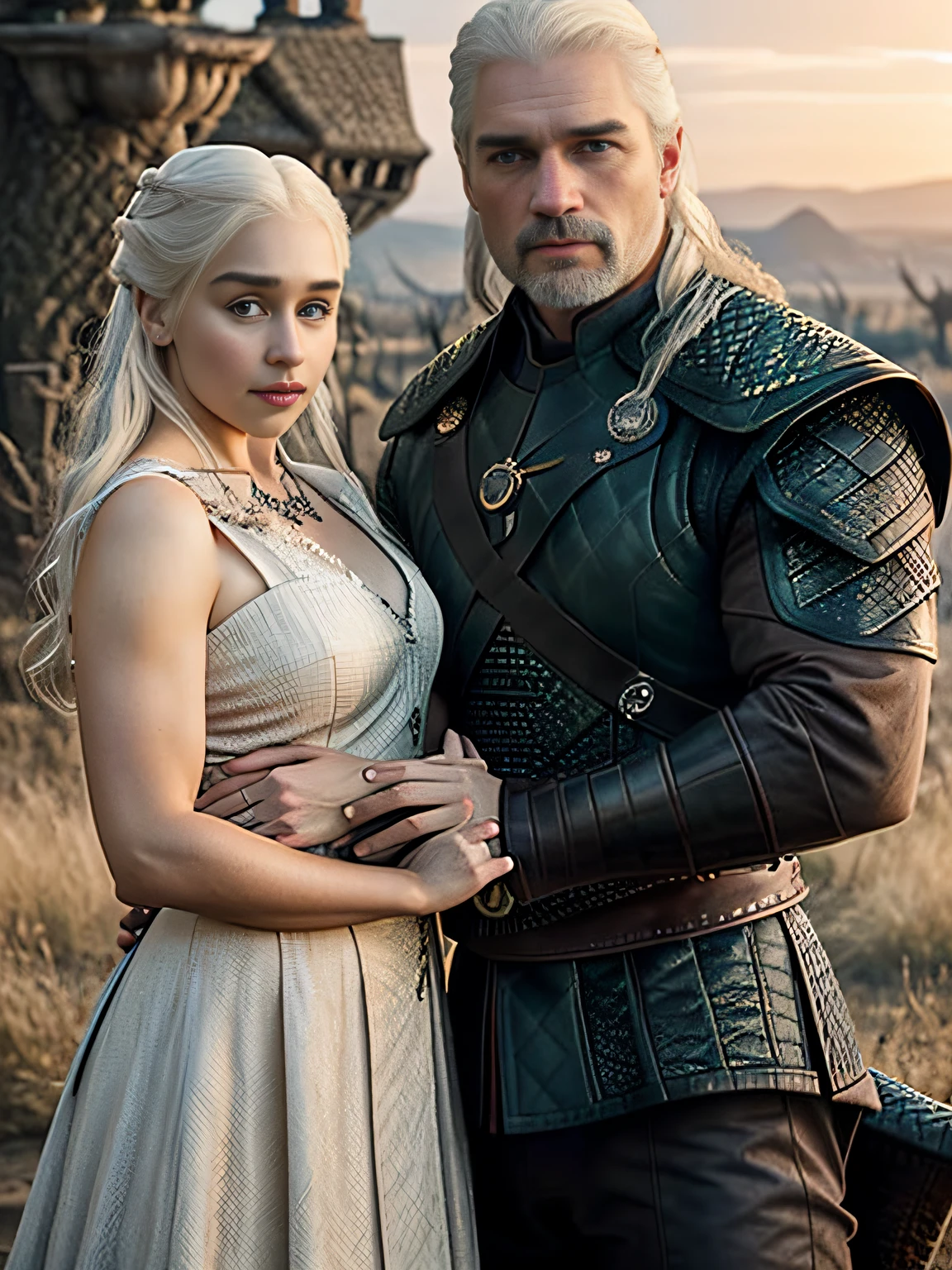 raw fullbody ((family photo of a father and mother holding their daughter)), 1girl, [daenerys targaryen|Emilia Clarke], (1man, Henry Cavill as Geralt de Rivia The Witcher), playing with their ((5 ******** daughter)))), medieval clothing,((half body shot)), realistic proportions, realistic pupils, ((3 member family portrait)) limited palette, highres, cinematic lighting, 8k resolution, front lit, sunrise, RAW photo, Nikon 85mm, Award Winning, Glamour Photograph, extremely detailed, beautiful Ukrainian, mind-bending, Noth-Yidik, raw fullbody photo of Daenerys Targaryen and Geralt de Rivia The Witcher with 5 ******** daughter, highly detailed, artstation, smooth, sharp focus, 8K,, trending on instagram, trending on tumblr, hdr 4k, 8k