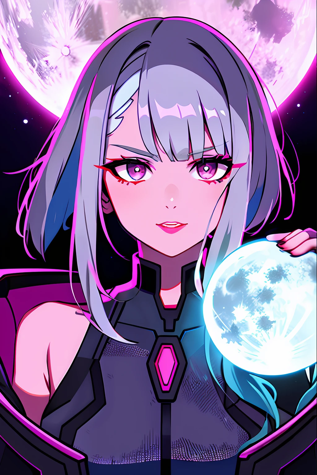 Lucy \(cyberpunk\), 1girl, Hair scrunchie, Princess cut, Silver hair, Colored tips, Full moon, Gray eyes, Jacket, Long sleeve, Look viewer, Medium hair, Multicolored hair, Aligned bangs, Parted lips, Pink hair, Portrait, Red eyeliner, Red lips, Solo, Purple bikini, Cyberpunk (series), In the heart of the neon-lit cyberpunk city,