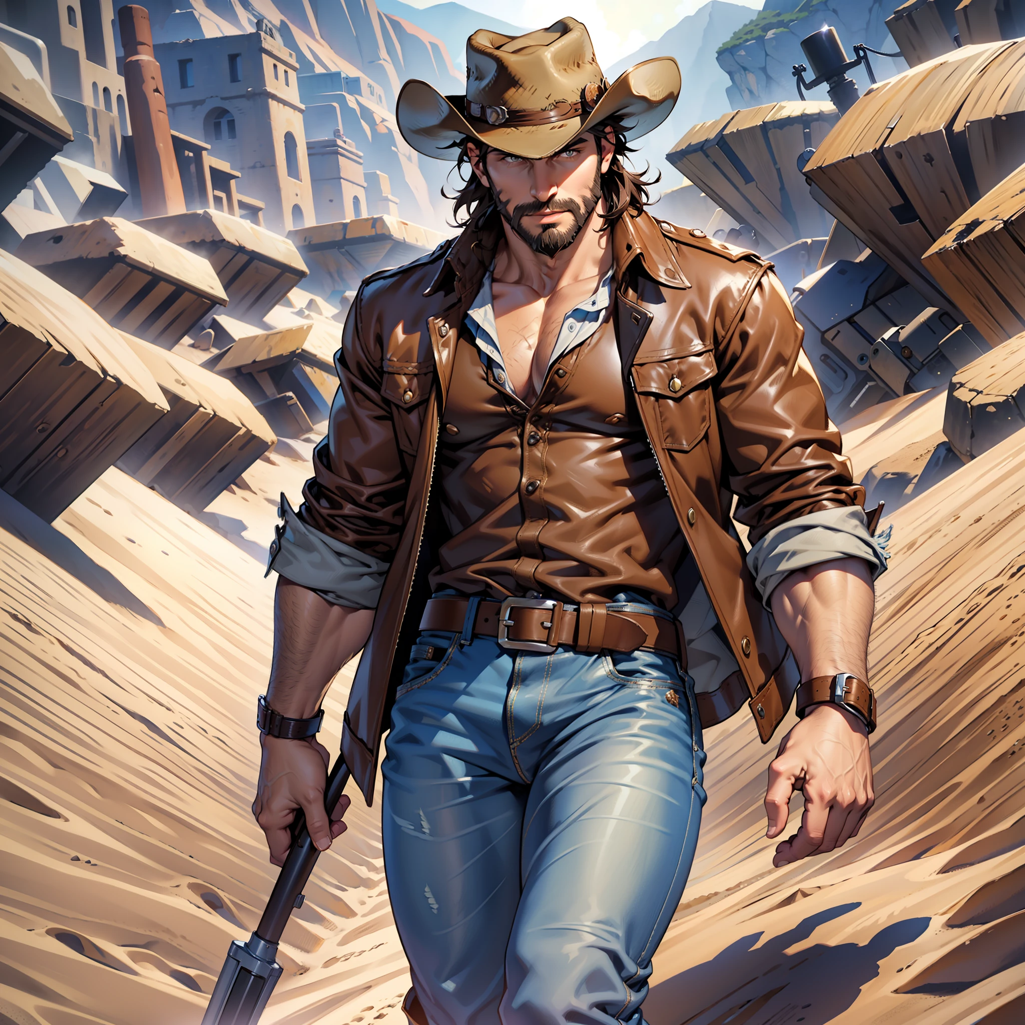 cowboy, muscular man, blue dress blouse, brown leather jacket, long jeans, cowboy boots, revolver, cowboy hat, dark brown hair, short hair, brown eyes, medium beard, mechanical arm, desert scenery, sand everywhere.