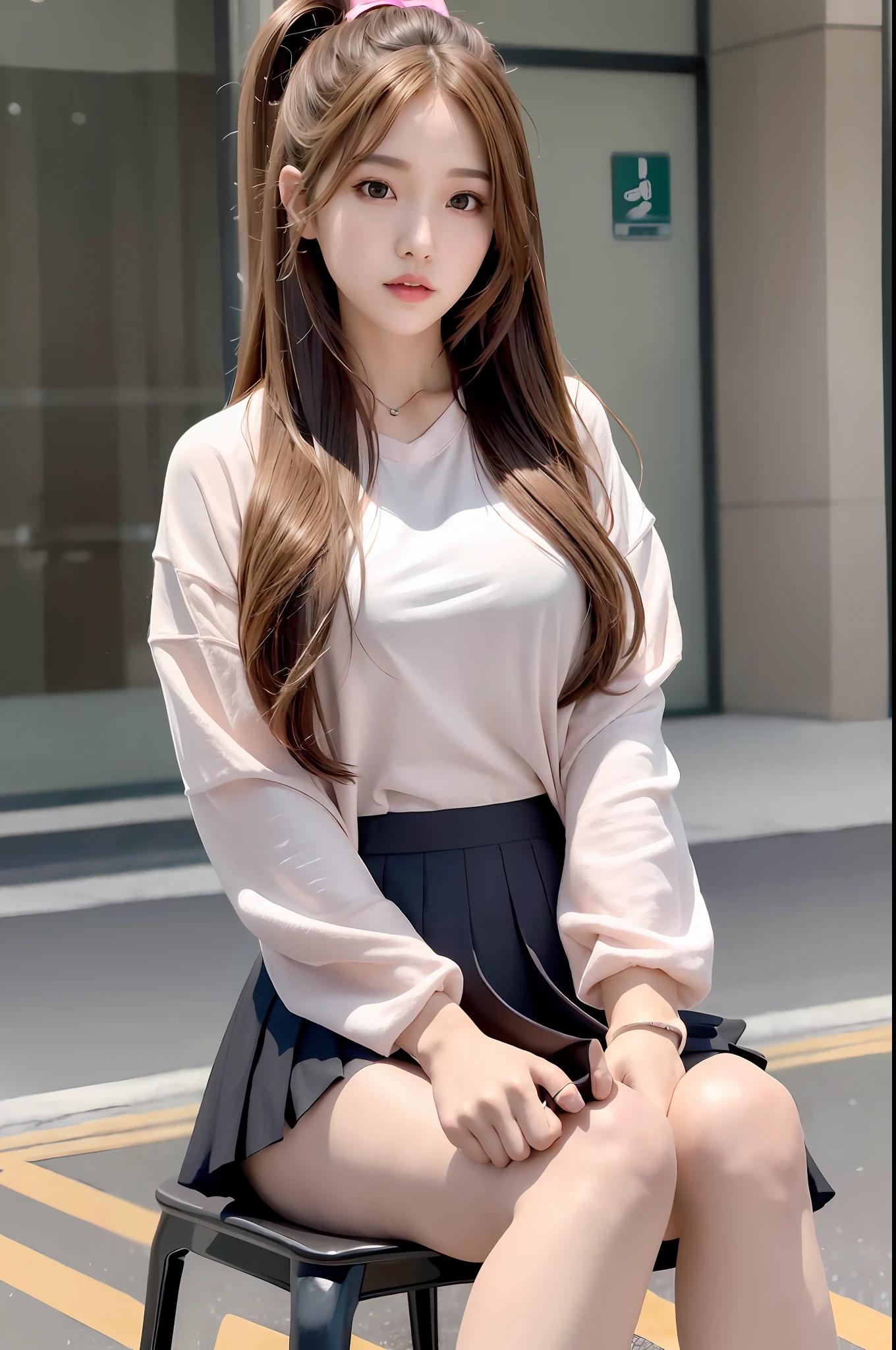 Masterpiece, best quality, (realistic, realistic: 1.4), (RAW photo: 1.2), very detailed CG unity 8k wallpaper, very refined and beautiful, amazing, fine detail, official art, absurdity, incredible absurdity, huge file size, ultra-detailed, extremely detailed, beautiful detailed girl, exulty detailed eyes and face, beautiful detailed eyes, light on face,1girl, ((brown hair)), very long hair, solo, cute, looking at viewer, thin waist, long legs, full body, mid-chest, standing, black ponytail, ulzzang-6500-v1.1, (university of Thailand uniform), (tight white low V shirt: 1.5), ( Pink pleated skirt: 1.5), (short skirt: 1.5), (Kpop idol), macro close-up effect, sitting on a square stool, looking back at the camera