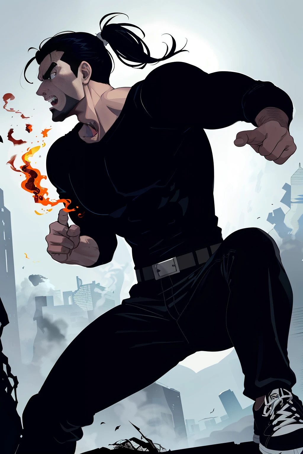 Villainous man, very strong wearing a black shirt with a fixed crow print, super detailed, power in the right hand, white All Star Converse sneakers, black hair with ponytail, power of destruction in your control, attack pose, ruined scenery with smoke and fires, furious and screaming