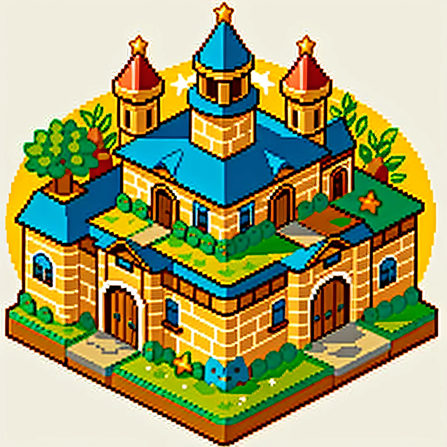A castle pixel art, cute, warm and comfortable, Nintendo, Pokemon, Star Valley, Harvest Moon, Animal Crossing, simple background,
