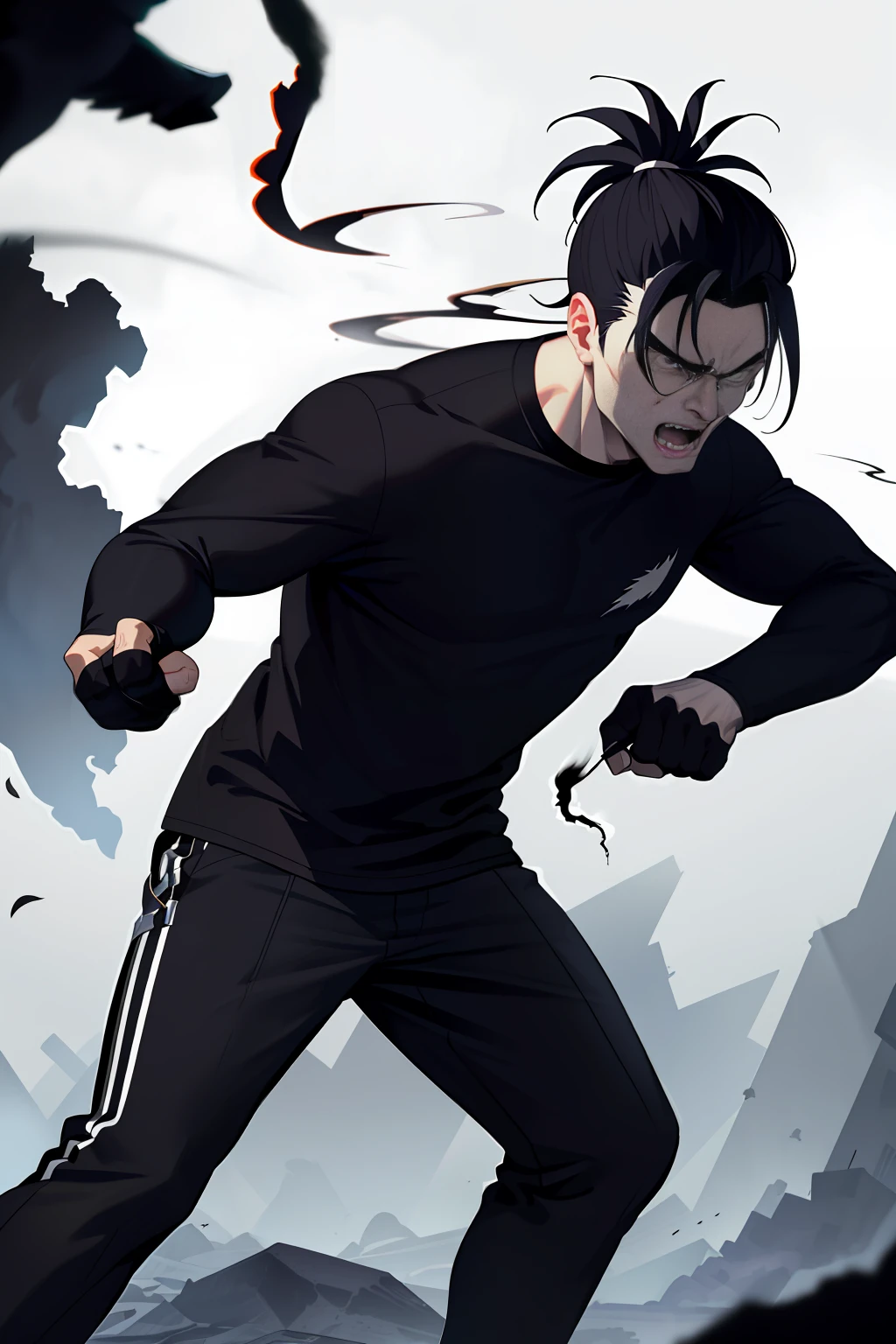 Villainous man, very strong wearing a black shirt with a fixed crow print, super detailed, power in the right hand, white All Star Converse sneakers, black hair with ponytail, power of destruction in your control, attack pose, ruined scenery with smoke and fires, furious and screaming