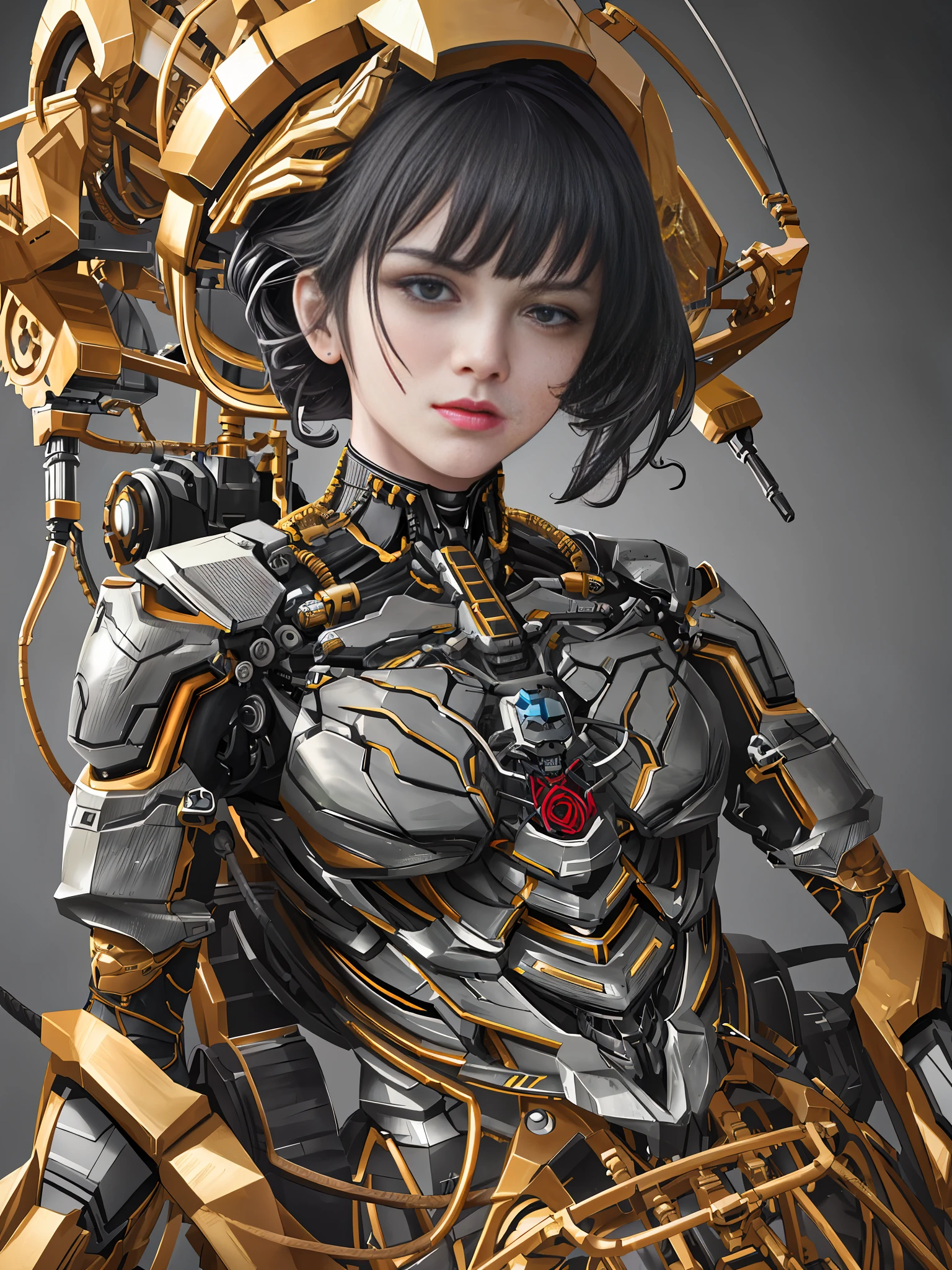 1mechanical girl,ultra realistic details, portrait, global illumination, shadows, octane render, 8k, ultra sharp,intricate, ornaments detailed, cold colors, metal, egypician detail, highly intricate details, realistic light, trending on cgsociety, glowing eyes, facing camera, neon details, machanical limbs,blood vessels connected to tubes,mechanical vertebra attaching to back,mechanical cervial attaching to neck,sitting,wires and cables connecting to head
