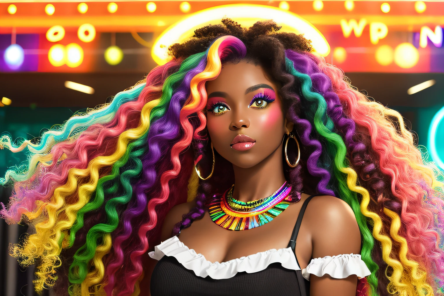 Afro-textured hair, sparkling eyes, dark skin, extreme long curly messed hair, extreme rainbow neon rainbow hair, heterochromia eyes, really curly hair