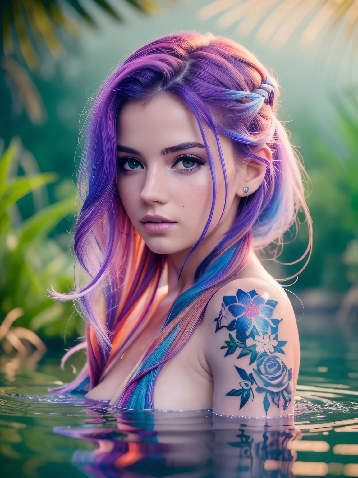(photorealism, best quality, wallpaper in 8k ultra detailed),(perfect anatomy), a beautiful girl with multicolored hair, tattooed, in a lake of thermal waters, lush scenery with bioluminescent fauna