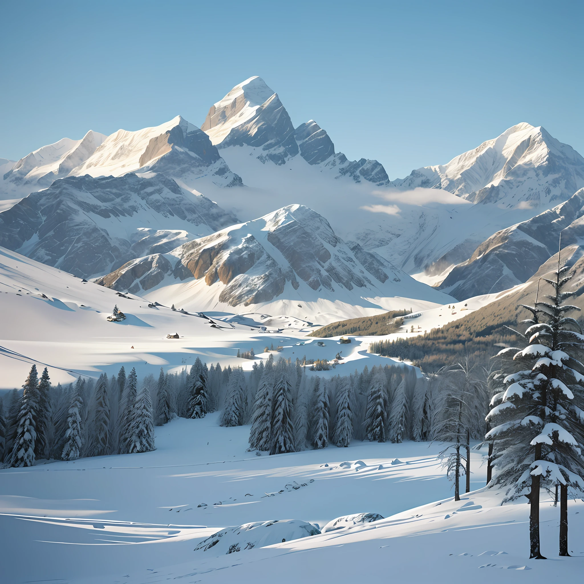 Landscape of snowy mountains in the rays of the sun high detail, professional shooting, National Geographic Society