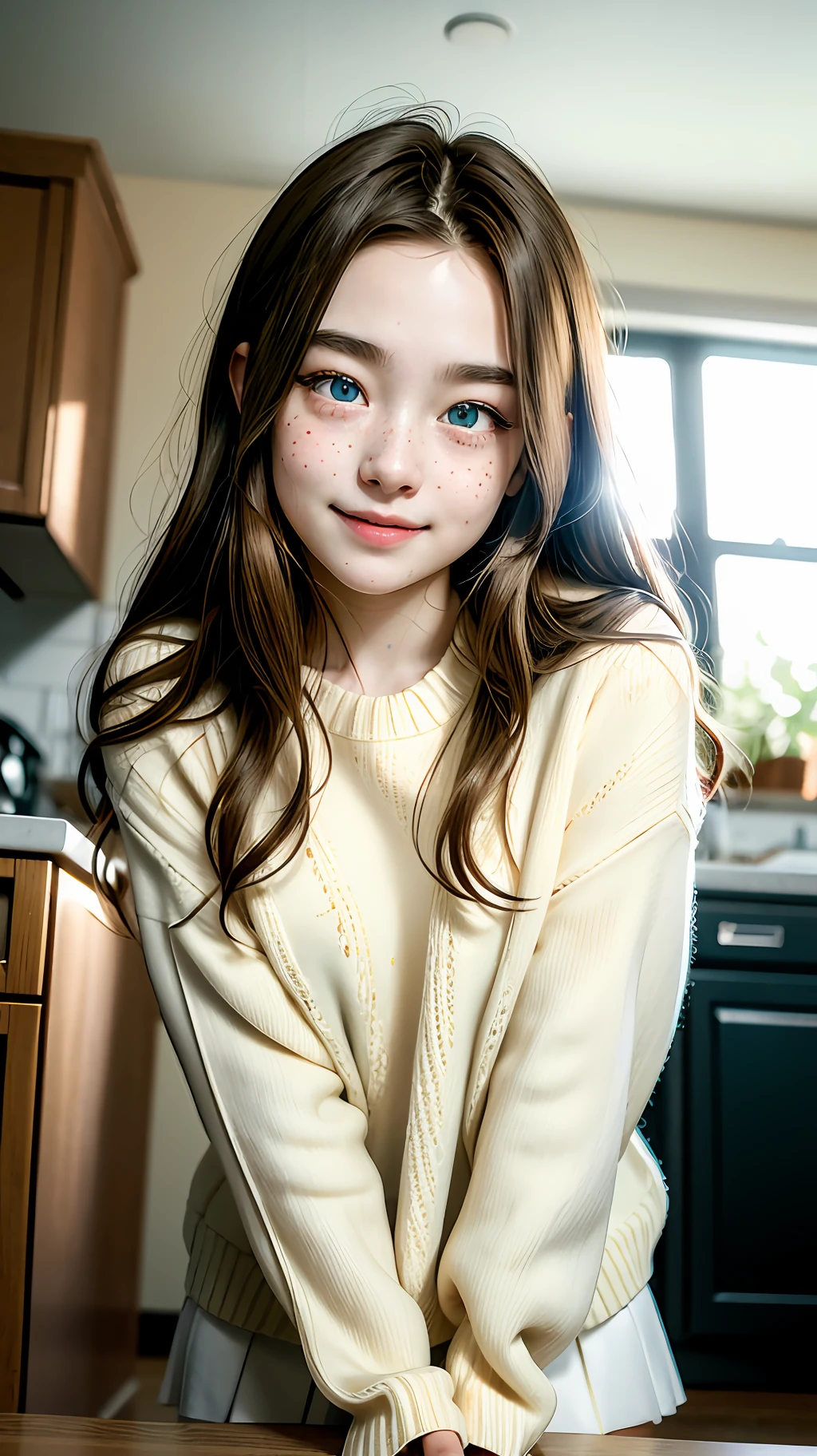 RAW photo, dynamic angle, highly detailed, soft light, 1girl, pale skin, korean, , innocent, smile, long brown hair, blue eyes, freckles, head tilted, white sweater, short skirt, wide thighs, fangs, v-shaped eyebrows, sit on kitchen table hand on it, look down, sad, glowing light, god rays, drop shadow 8k, masterpiece