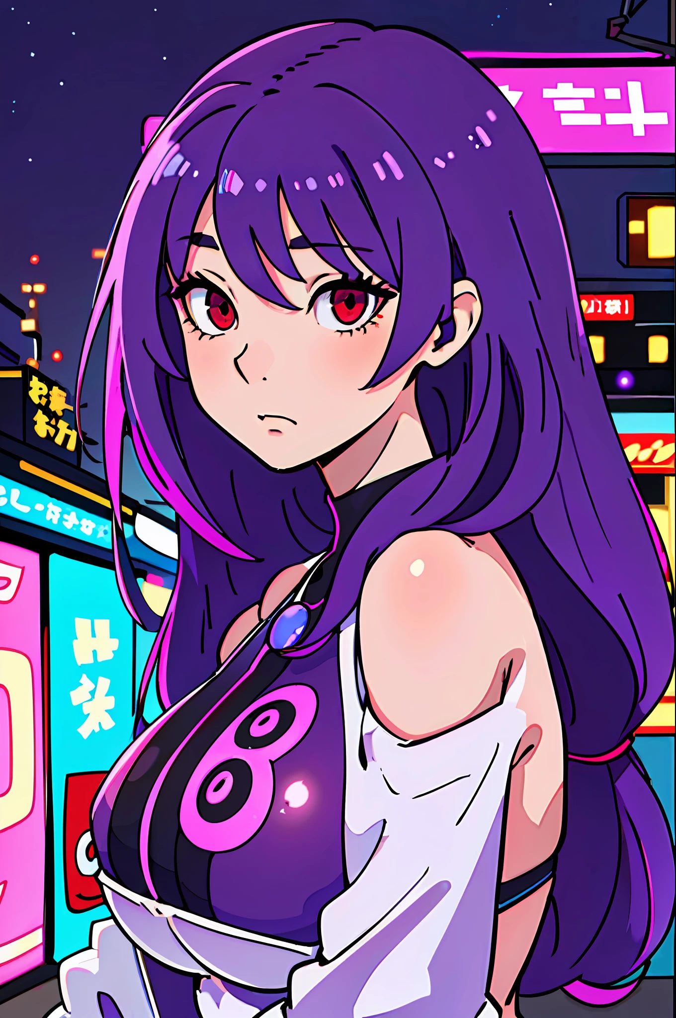 (best quality: 0.8), (best quality: 0.8), perfect anime illustration, close-up portrait of a beautiful woman walking around town (very long purple hair), (super detailed), (red eyes), (neon night) (((nsfw))) huge boobs