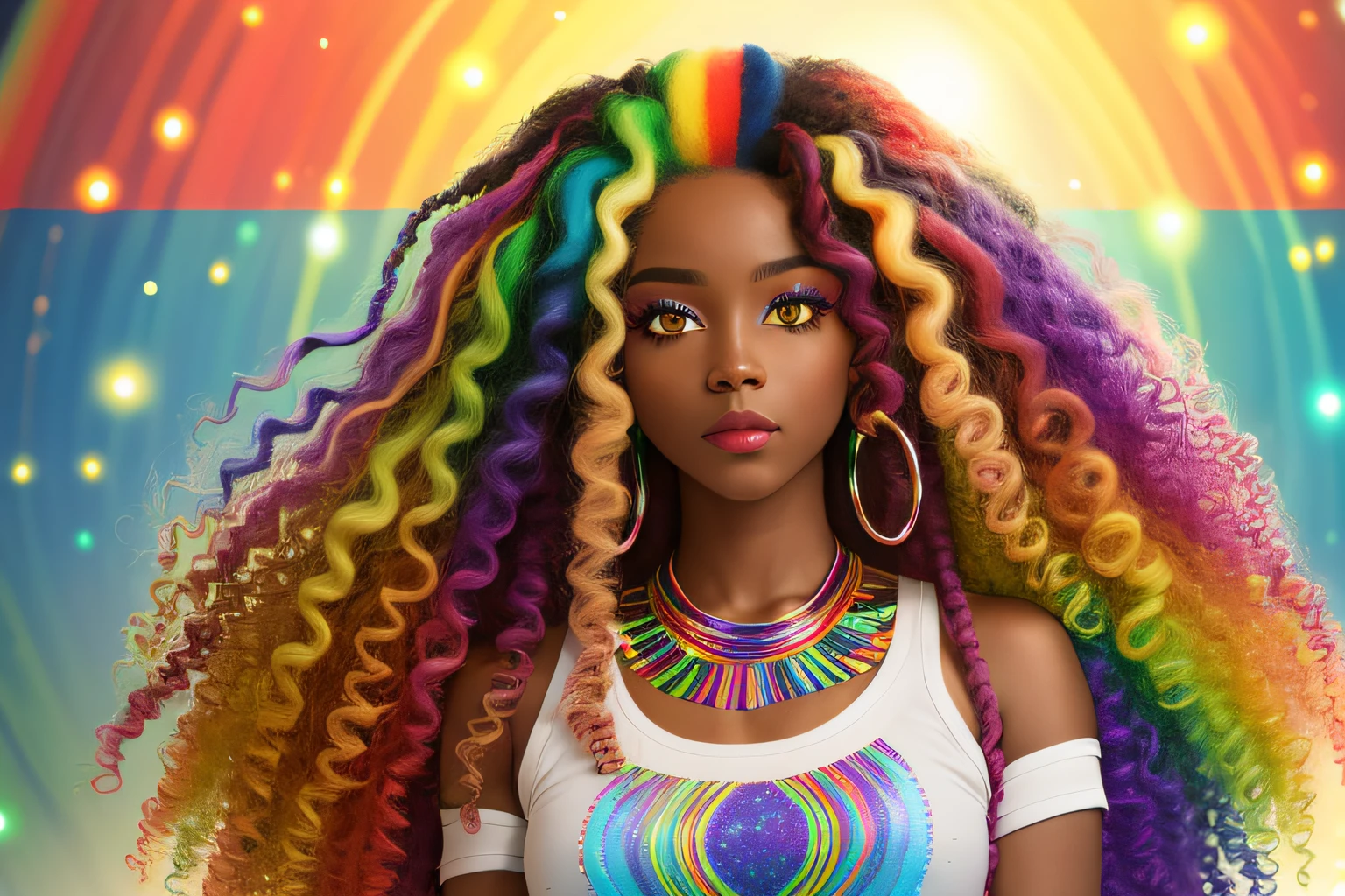 Afro-textured hair, sparkling eyes, dark skin, extreme long curly messed hair, extreme rainbow neon rainbow hair, heterochromia eyes, really curly hair