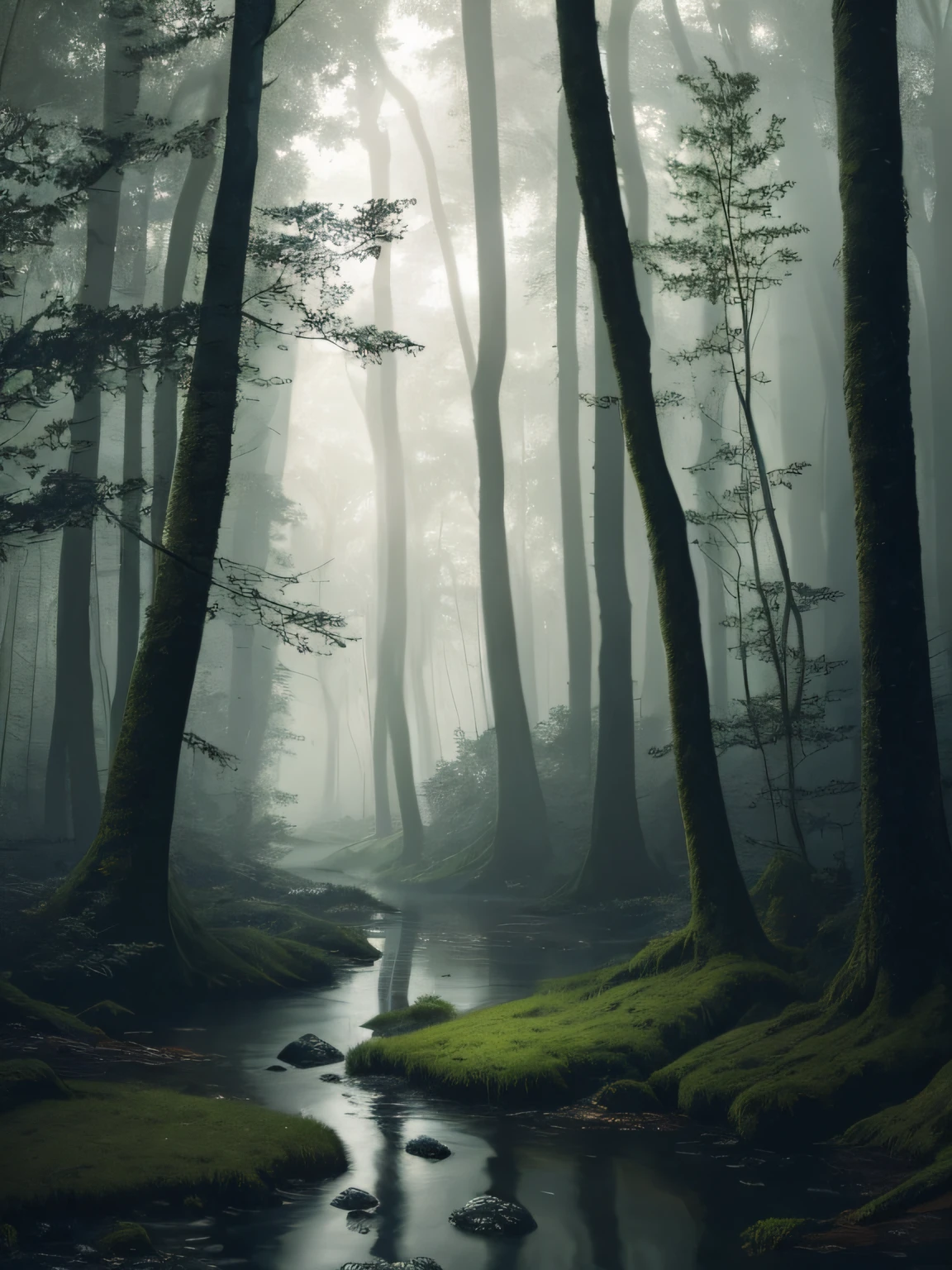 a stream running through a forest filled with trees, matte painting v ray, by Erik Pevernagie, mystical forest lagoon, standing in the mystical forest, 1128x191 resolution, an ai generated image, dark fog surrounds him, hyperrealistic image, atmospheric photograph, high resolution print, eery dead swamp setting, very beautiful ambient light