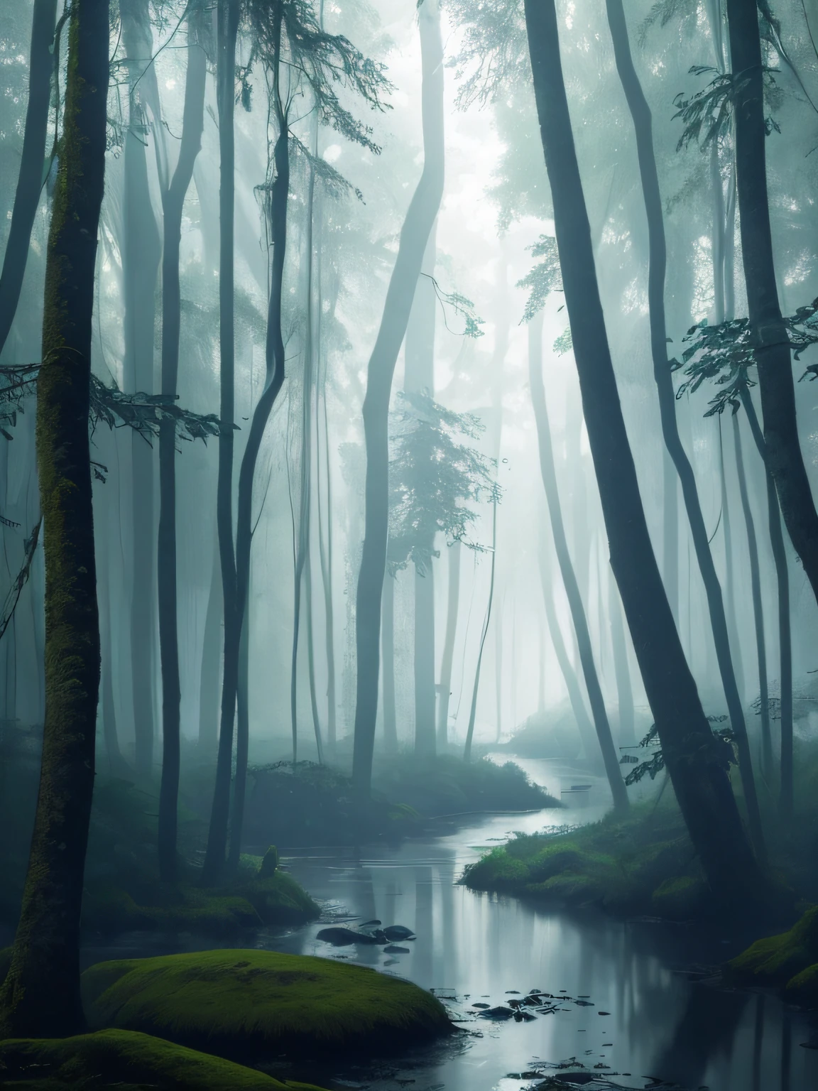 a stream running through a forest filled with trees, matte painting v ray, by Erik Pevernagie, mystical forest lagoon, standing in the mystical forest, 1128x191 resolution, an ai generated image, dark fog surrounds him, hyperrealistic image, atmospheric photograph, high resolution print, eery dead swamp setting, very beautiful ambient light