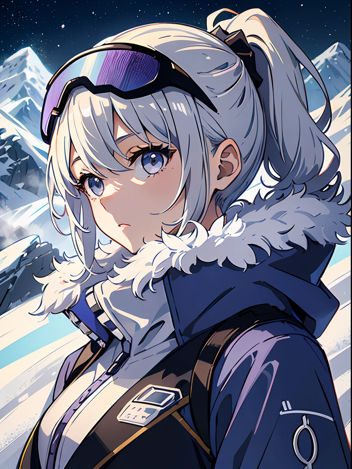 Exquisite masterpiece, best quality, illustration style, an anime girl with curly ponytail, gray beautiful eyes, petite figure, snowy mountain vista, hot spring, steam, white ski clothes, small, spring, heartwarming, youthful and beautiful, with blue-purple gradient ski goggles, gray hair, showing a natural casual style. The dynamic posture contains the golden section, a large aperture portrait, the picture is blank, the contrast between light and shadow is strong, the texture is super strong, the picture is super clear and concise, presenting an extremely beautiful, elegant and dignified, delicate face