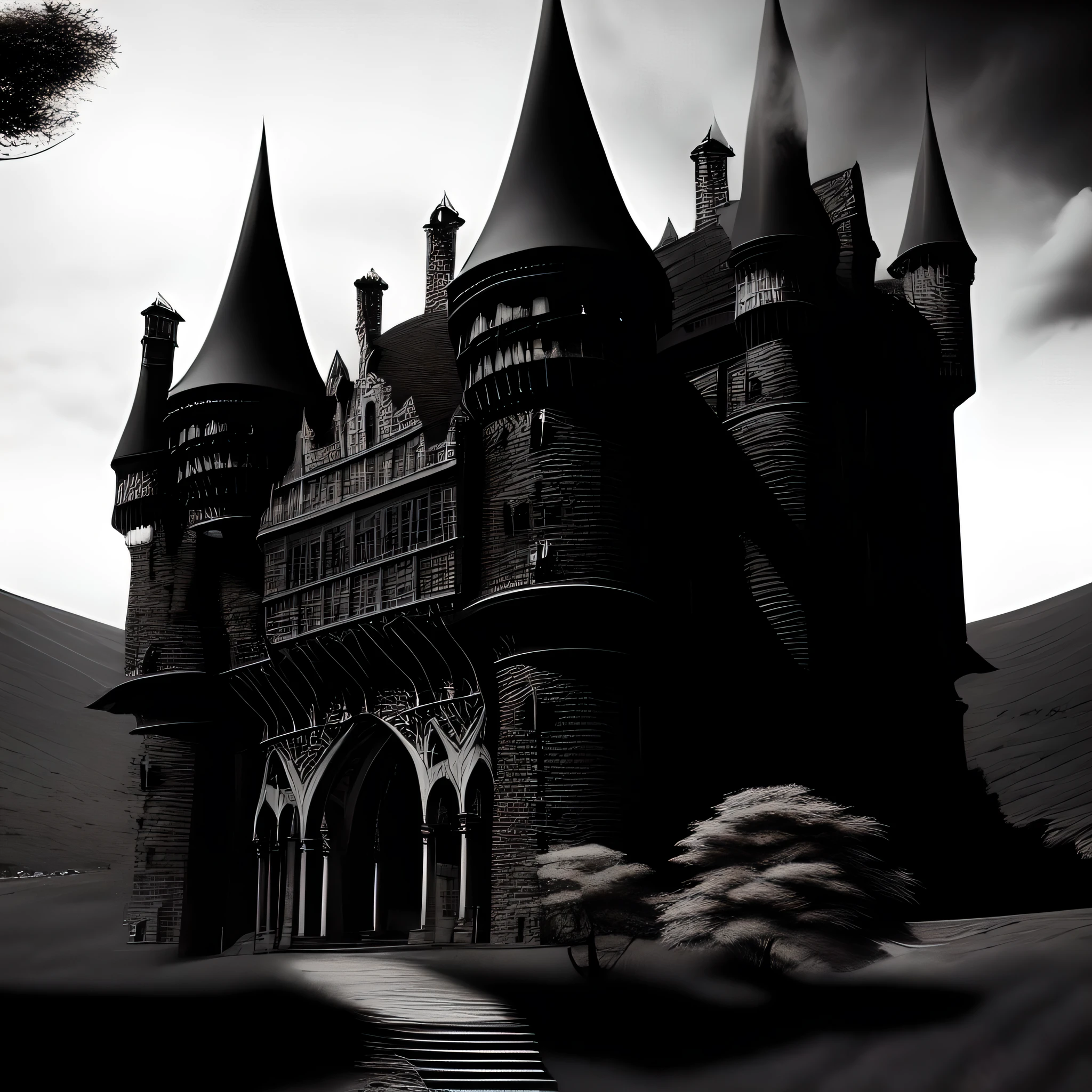 arafed castle with a steeple and a tower with a clock, gothic castle, dark castle setting, dark castle background, shadowy castle background, gothic mansion, inside an epic gothic castle, black and white matte painting, scary gothic architecture, scarry castle). mystical, epic castle with tall spires, scarry castle)). mystical, gothic castle in background