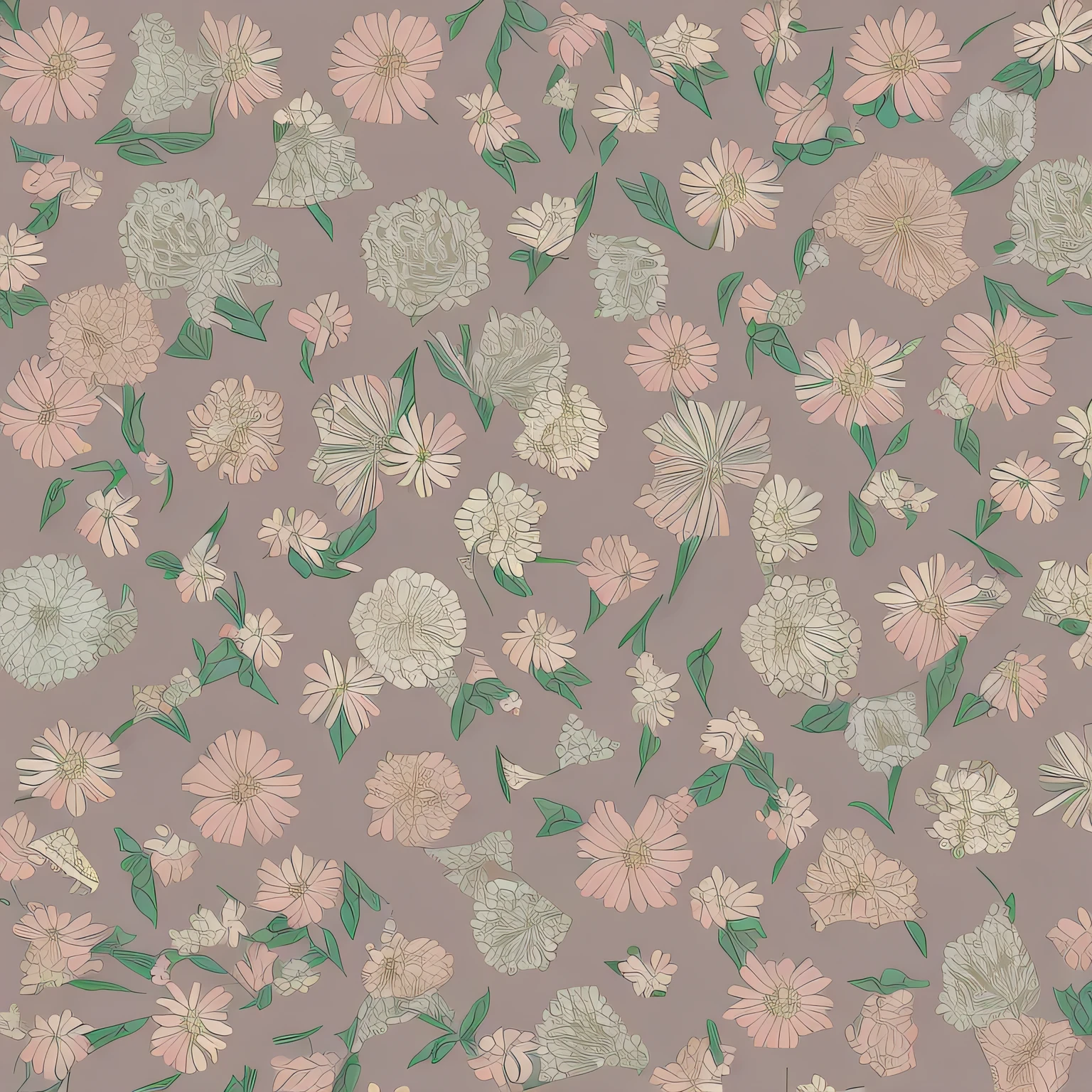 Set pattern of large flowers of defined shape, flat style, vector style, drawing style, naïve style, in soft pastel colors such as old pink, pastel blue, light blue, beige, pastel yellow.