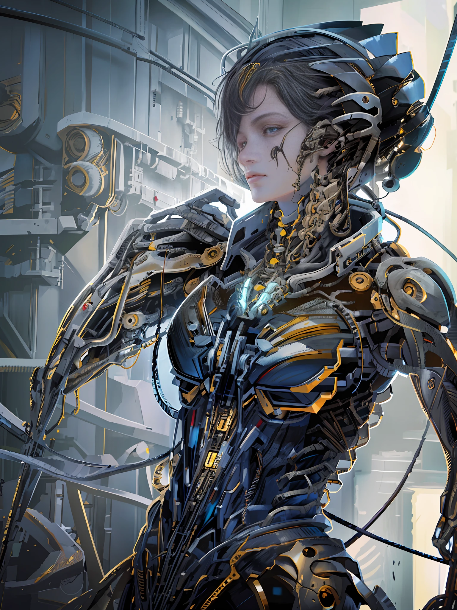 1mechanical girl,ultra realistic details, portrait, global illumination, shadows, octane render, 8k, ultra sharp,intricate, ornaments detailed, cold colors, metal, egypician detail, highly intricate details, realistic light, trending on cgsociety, glowing eyes, facing camera, neon details, machanical limbs,blood vessels connected to tubes,mechanical vertebra attaching to back,mechanical cervial attaching to neck,sitting,wires and cables connecting to head