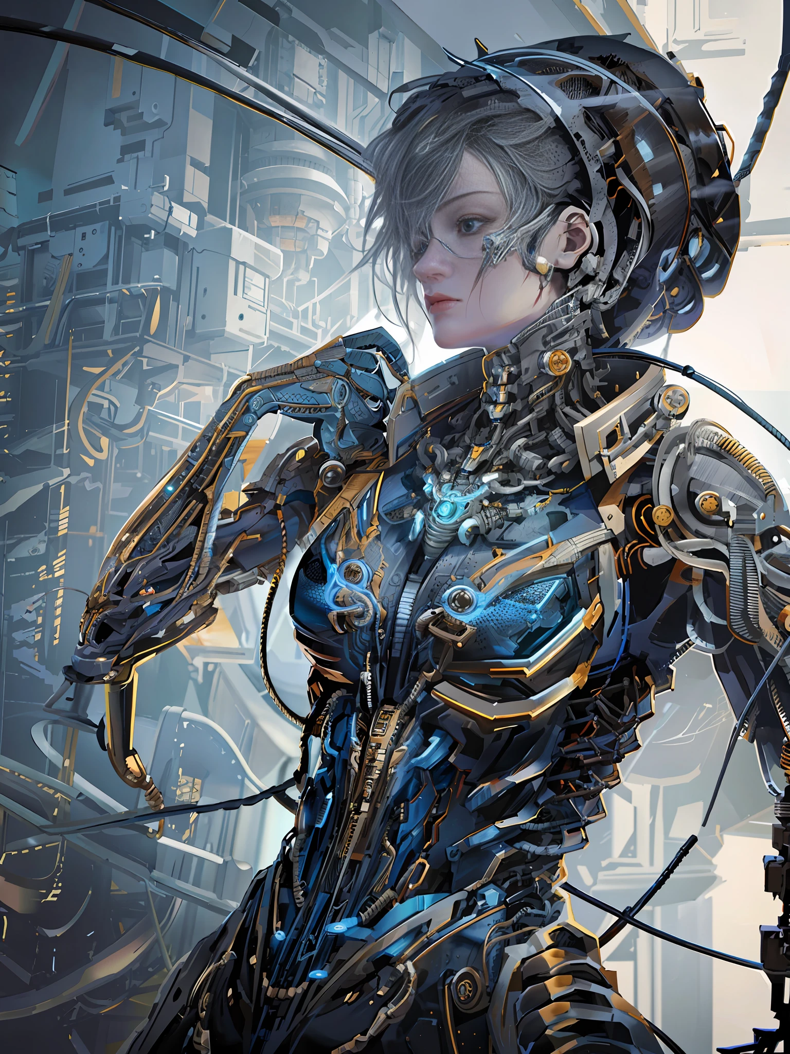1mechanical girl,ultra realistic details, portrait, global illumination, shadows, octane render, 8k, ultra sharp,intricate, ornaments detailed, cold colors, metal, egypician detail, highly intricate details, realistic light, trending on cgsociety, glowing eyes, facing camera, neon details, machanical limbs,blood vessels connected to tubes,mechanical vertebra attaching to back,mechanical cervial attaching to neck,sitting,wires and cables connecting to head