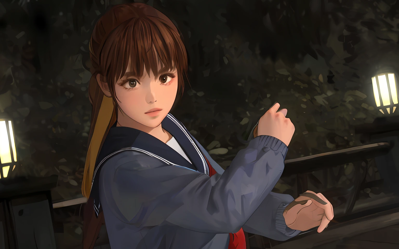 Sailor suit, a girl boxing with a wooden ring in the background
