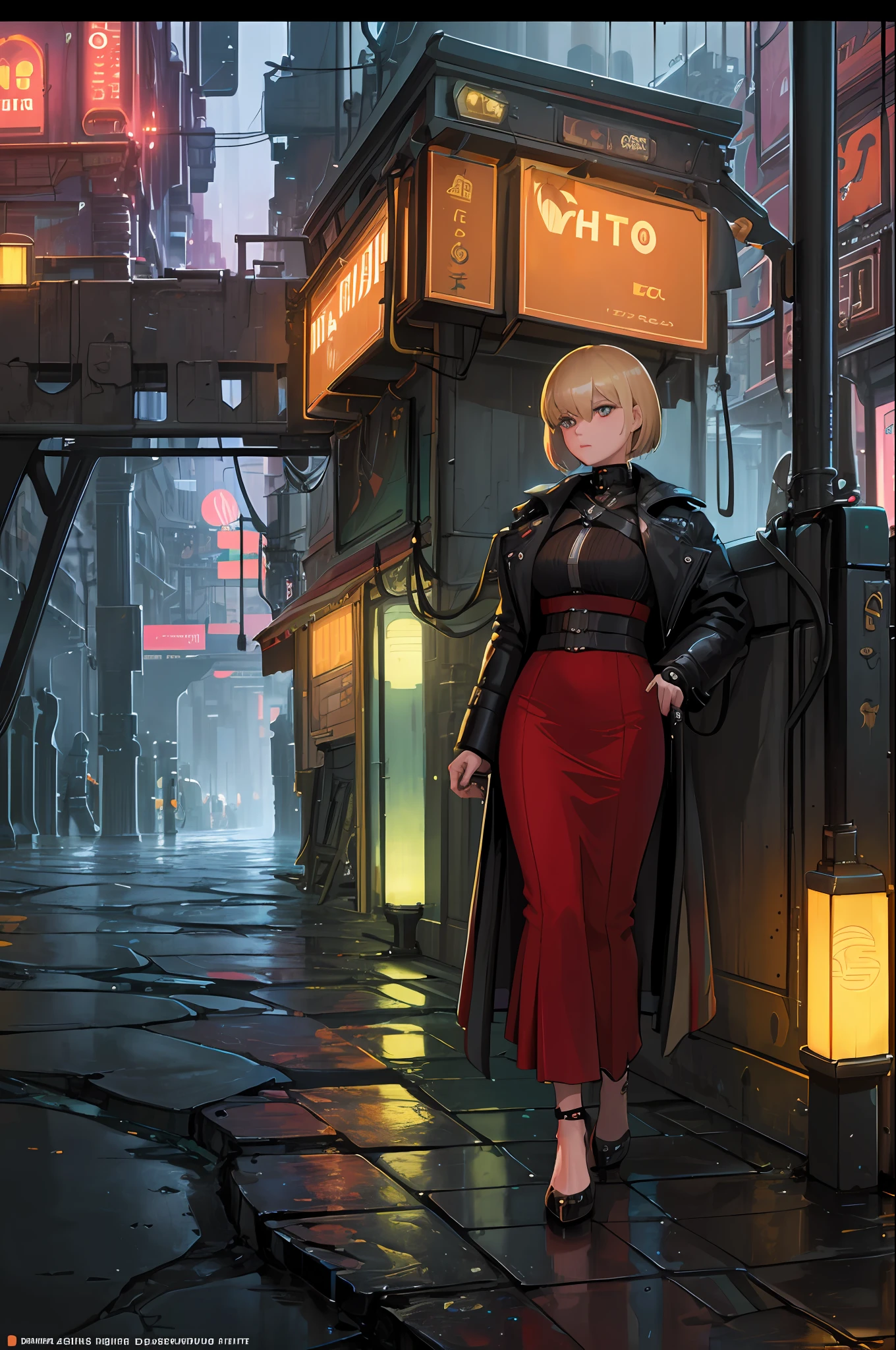 ((masterpiece)),((best quality)),((high detail)),((realistic,)) Futurist era city, deep gorges in the middle, architectural streets, bazaars, bridges, cyberpunk, European architecture, rainy night, neon, futuristic motorcycle, 1girl, short hair, dark blonde, light brown eye