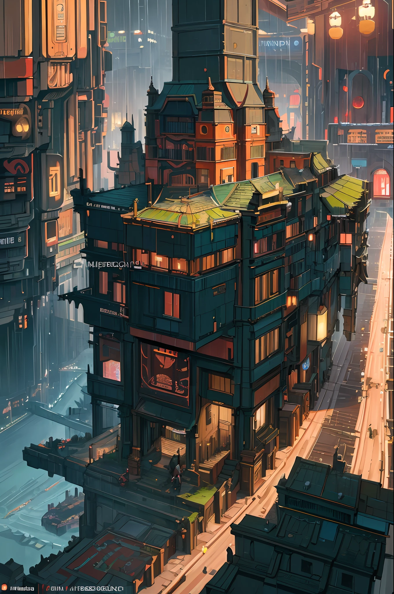 ((masterpiece)),((best quality)),((high detail)),((realistic,)) Futurist era city, deep gorges in the middle, architectural streets, bazaars, bridges, cyberpunk, European architecture, rainy night, neon, futuristic motorcycle, 1girl, short hair, dark blonde, light brown eye