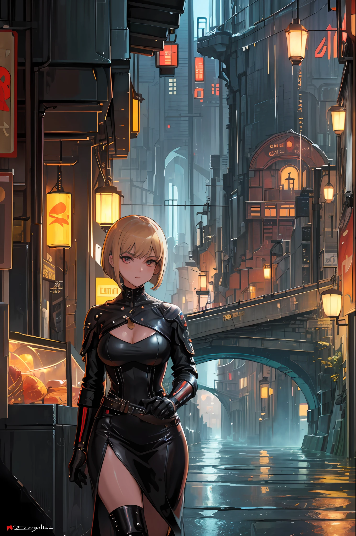 ((masterpiece)),((best quality)),((high detail)),((realistic,)) Futurist era city, deep gorges in the middle, architectural streets, bazaars, bridges, cyberpunk, European architecture, rainy night, neon, futuristic motorcycle, 1girl, short hair, dark blonde, light brown eye