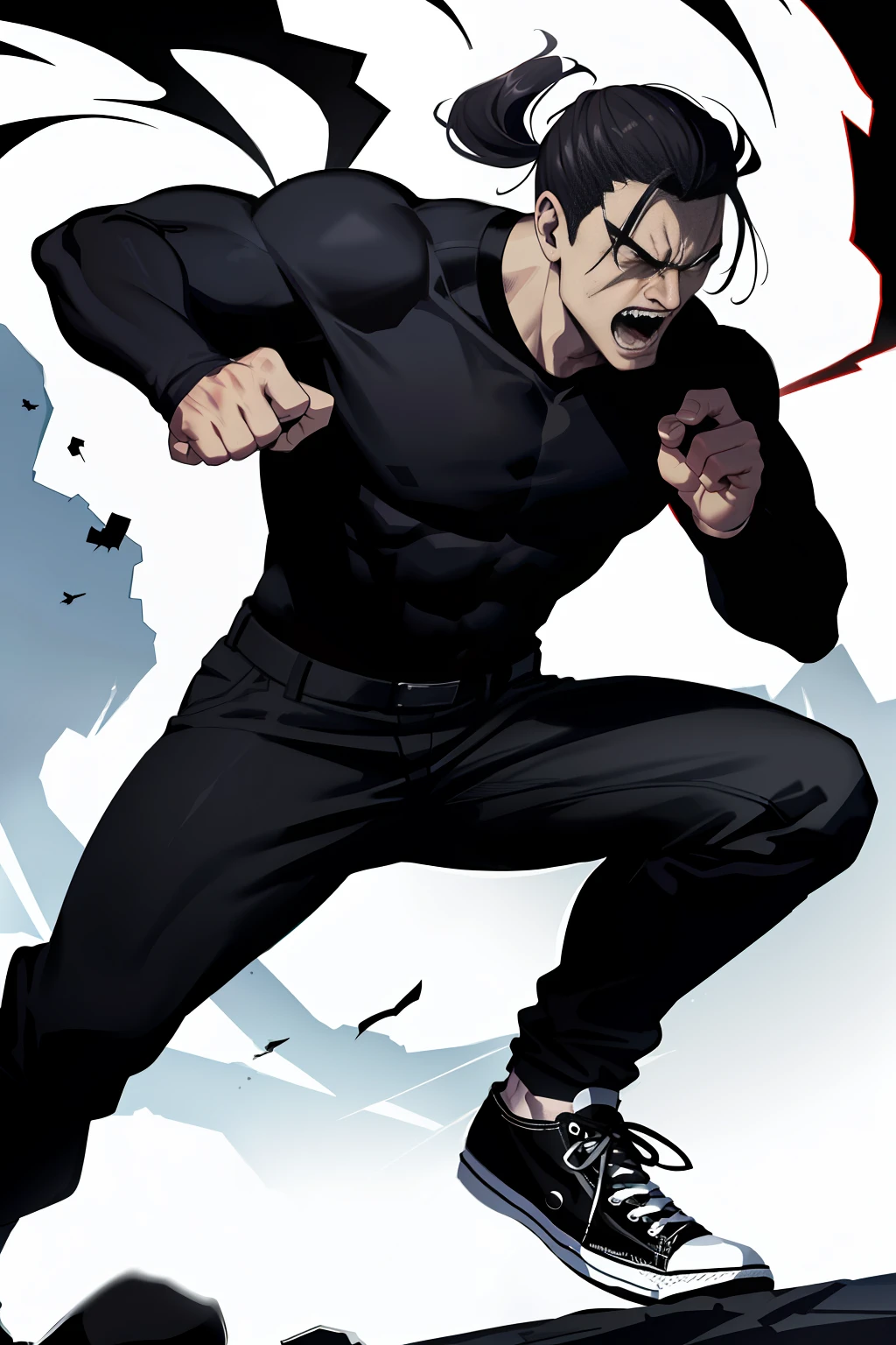 Villainous man, very strong wearing a black shirt with a fixed crow print, super detailed, power in the right hand, white All Star Converse sneakers, black hair with ponytail, power of destruction in your control, attack pose, ruined scenery with smoke and fires, furious and screaming