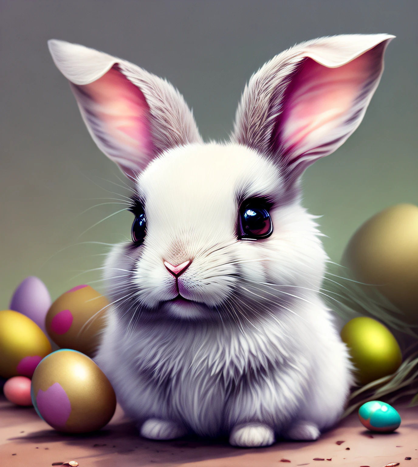 Beautiful little bunny with dreamy eyes, volumetric light, hyper realistic, intricate detail, illustration, painting, watercolor, kawaii chibi, eating easter egg, Aww!, Shallow depth of field, pastel color palette, Soft Lighting, Minimalistic, Modern, Digital painting, art by lois van baarle and ross tran and artgerm, Trending on Artstation HQ, highly detailed