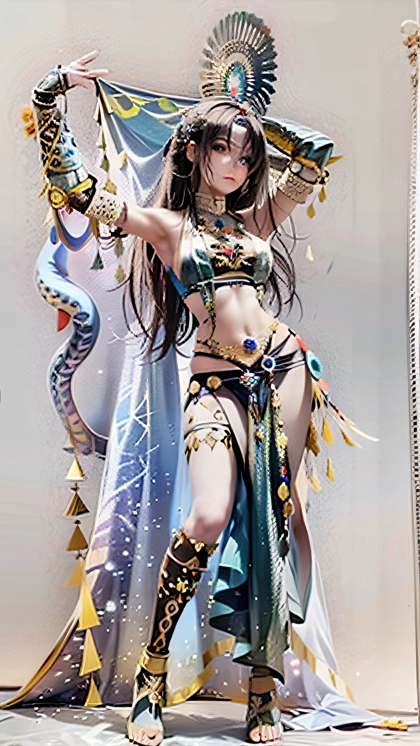 There is a drawing of a woman dressed in a costume, a detailed full-body concept, an interesting character design, a beautiful full-body concept art, a detailed full-body concept art, (character concept art)), inspired by the senior character artist, highly detailed exquisite fan art, excellent character design, fantasy character design, official character art, hyper-detailed fantasy character, man:: sorceress, priestess ethnic shaman decorations on the open The body is made of bones, the nudity is covered with the bones of animals and birds, the bones and energy, the radiance of light, the incredibly sexy girl, the deadly beauty, the deadly sexuality, tenderness and horror, everywhere the bones, the body in the bones, the delicate transparent fabrics fall from the hair, the snake staff. Magical Tibetan shaman, Bon Buddhism, Buddhist iconography, ancient style, ancient mystery of the serpent, life and death, transfiguration, Buddhism, Hinduism, sacredness, shamanic rite, sexuality transcendental, unique, priestess of love and death, Buddhist saint, hermit, maximum nudity, blue eyes, expressive look, conciseness, bones of animals, sacred ritual, sexual beauty, edges of hair emphasized by bells and birds, tender belly, ornaments on fabrics, Tibet, A girl from the mountains, even sexier, an inspired face, a gentle bright look, a neat pubis, a neat gentle face, long claws are worn on her fingers, she dances with a snake, her hands are raised, her naked body is under the fabrics, high quality, hyperrealism, her hands above hold the drapery above her head, the dancer