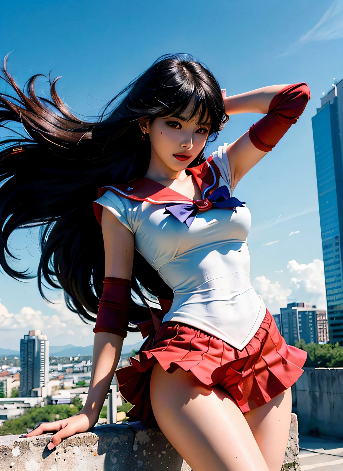PHOTOREALISTIC , masterpiece, best quality,highres, (yangmi), 1girl, standing on top building, extremely detailed face, wind, SMMars, long hair, sailor senshi uniform, red sailor collar, red skirt, elbow gloves, action pose, from above,