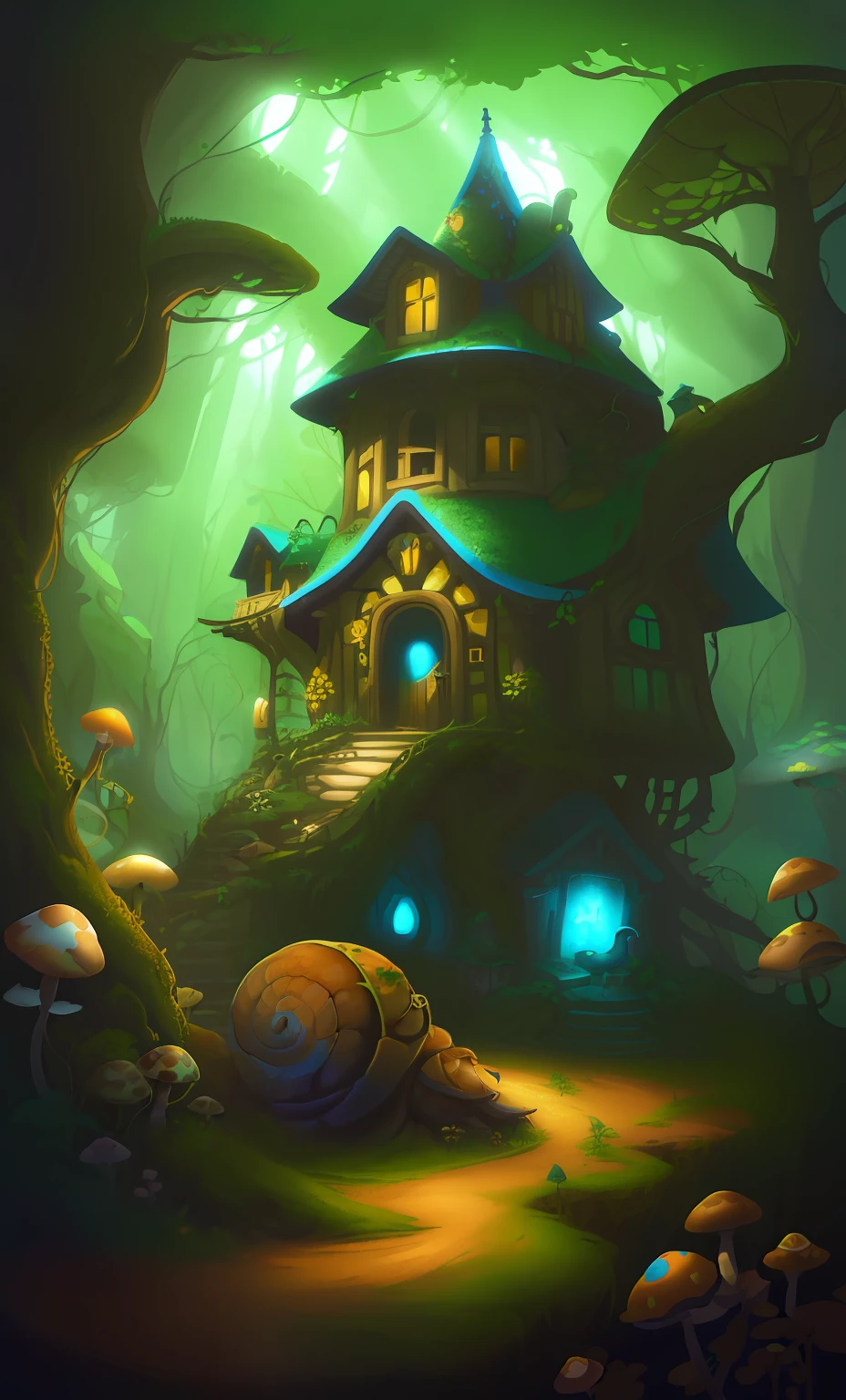 there is a snail that is sitting in front of a house, small snail brown shell eye stalks, cute snail character, curved organic fantasy cottage covered in vines and moss and glowing mushroom, enchanted and cozy forest home, fantasy art behance, fantasy matte painting，cute, realistic fantasy illustration, enchanted magical fantasy forest, whimsical fantasy landscape art, digital 2d fantasy art, mushroom house, stylized concept art, detailed digital 2d fantasy art, a beautiful artwork illustration, magical environment, cute snail, uplifting environment, sunlit forest, sunlight dappled through trees, glowing blue mushrooms across home