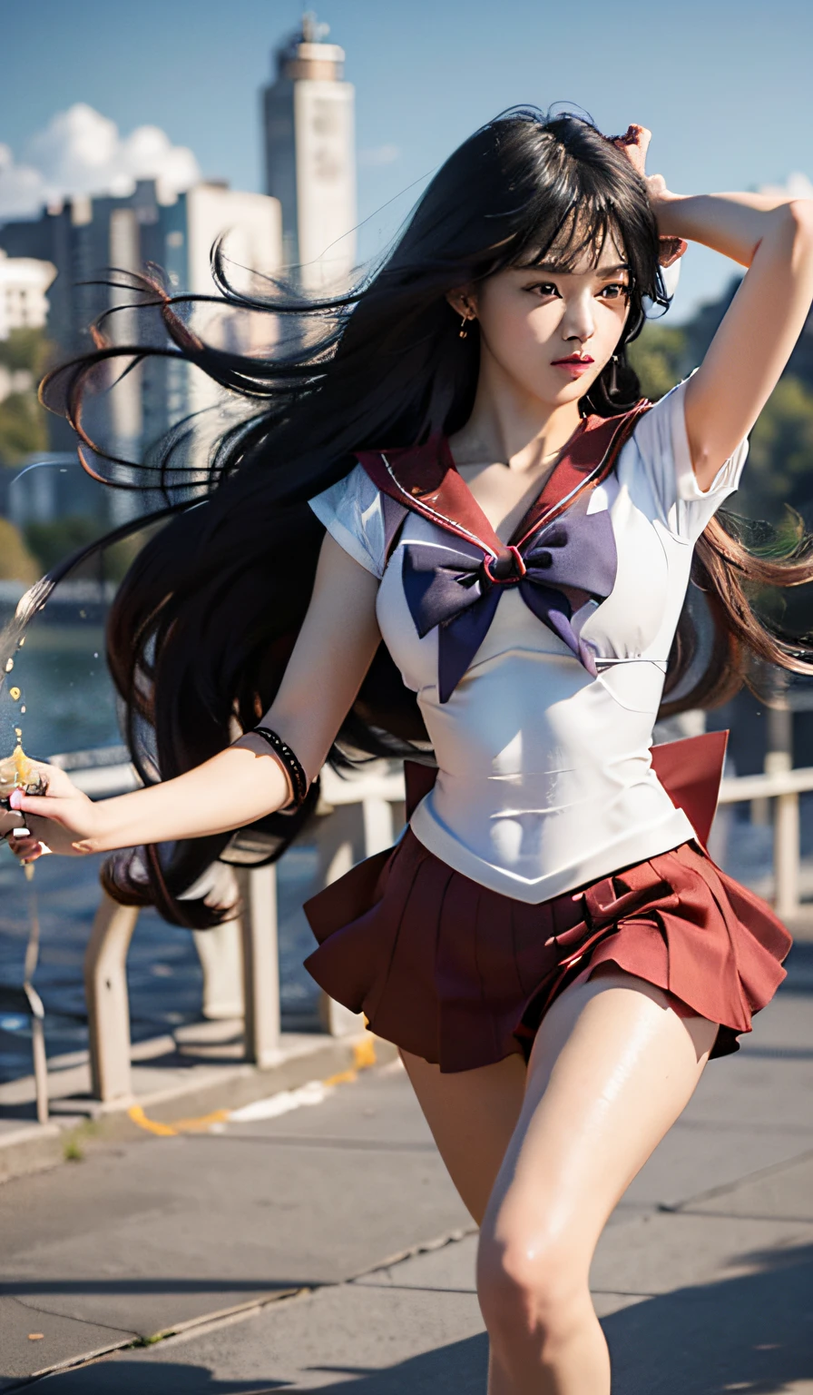A fire-rei that matches the original painting of Sailor Moon, delicate face, purple bow, sailor Mars fireno-rei, full body, Japanese sailor suit, white V-neck top, high-waisted red short skirt, skirt covering the butt, flesh-colored oily stockings to the waist, white combat gloves, warrior costume, short top, , gold trim, star brooch, front split design, red bow on head, combat gloves, white high boots, shin guards with flame pattern, belt detail, high-quality texture, bright colors, original manga character setting, small man's waist ,, Golden Ratio, Tall Long Legs, Vivid Expression, Charming Eyes, Delicate and Soft Skin, Long Black Hair, Dynamic Hairstyle, Smoky Makeup, Colorful Background, Shining Starry Sky, Gorgeous Cityscape with Rich Colors, HD Details, Exquisite Rendering, Stereoscopic, Realistic Image, Use of Light and Shadow, Watery Big Eyes, (Blade Eyebrows: 0.1), (High Nose Bridge: 0.6), (smile: 0.6), long red hair, (big breasts: 1.1), red eyes, sexy, (big buttocks), sheer cardigan, slim, (masterpiece: 1.2, superb), realistic, skinny, 22 years old, (real shot, fine crafted, depth of field), (1girl, solo), makeup, noble, elegant, blush, dignified, proud, confident, (fair and shiny skin), mature, (thin), (big ass: 1.3), bonny, (small mouth), black super long hair, wet body, red bow on clothes, gold headwear, ultra HD, 8k, best light and shadow, best shadow, depth of field, lots of colored bubbles, elevation view, long leg visual effect, (extended leg: 1.2), perspective enhancement, kicking action, fire special effects, seaside, sunny day, water ripple refraction, character standing in the dojo