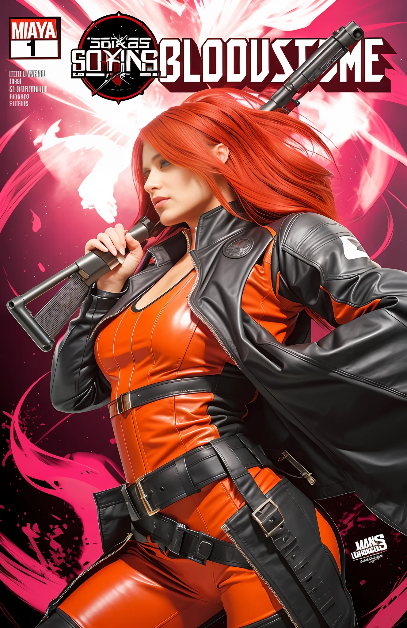 Sexy woman, laraja hair, muscular body, leather suit, especially jens, holding shotguns.