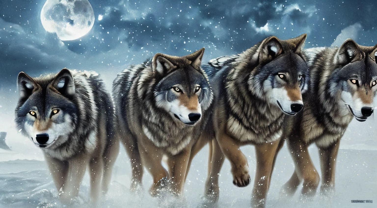 ((3 wolves with cybernetic armor)), master piece, best quality, ultra detailed, realistic, ultra sharp, 8K, post apocalyptic landscape, urban ruins, saturated colors, HDR, with cybernetic bodies, ultra detailed, titanium, mechanical, cyberpunk,