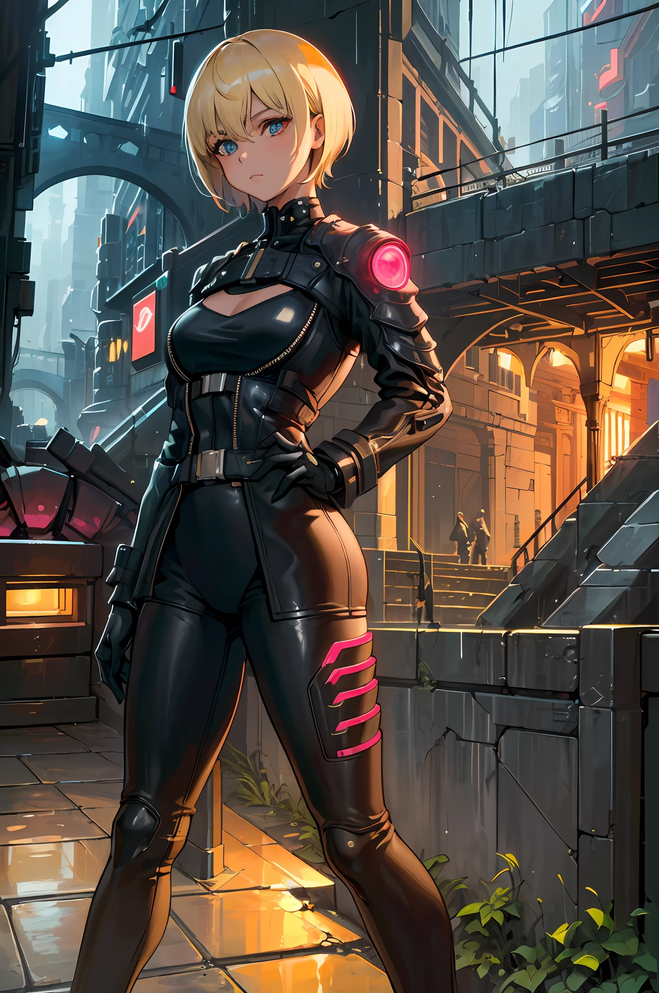 ((masterpiece)),((best quality)),((high detail)),((realistic,)) Futuristic era city, deep gorges in the middle, architectural streets, bazaars, bridges, cyberpunk, european architecture, rainy night, neon, futuristic motorcycle, 1girl, short hair, dark blonde, light brown eye, perfect eye, detailed eye, high resolution eye