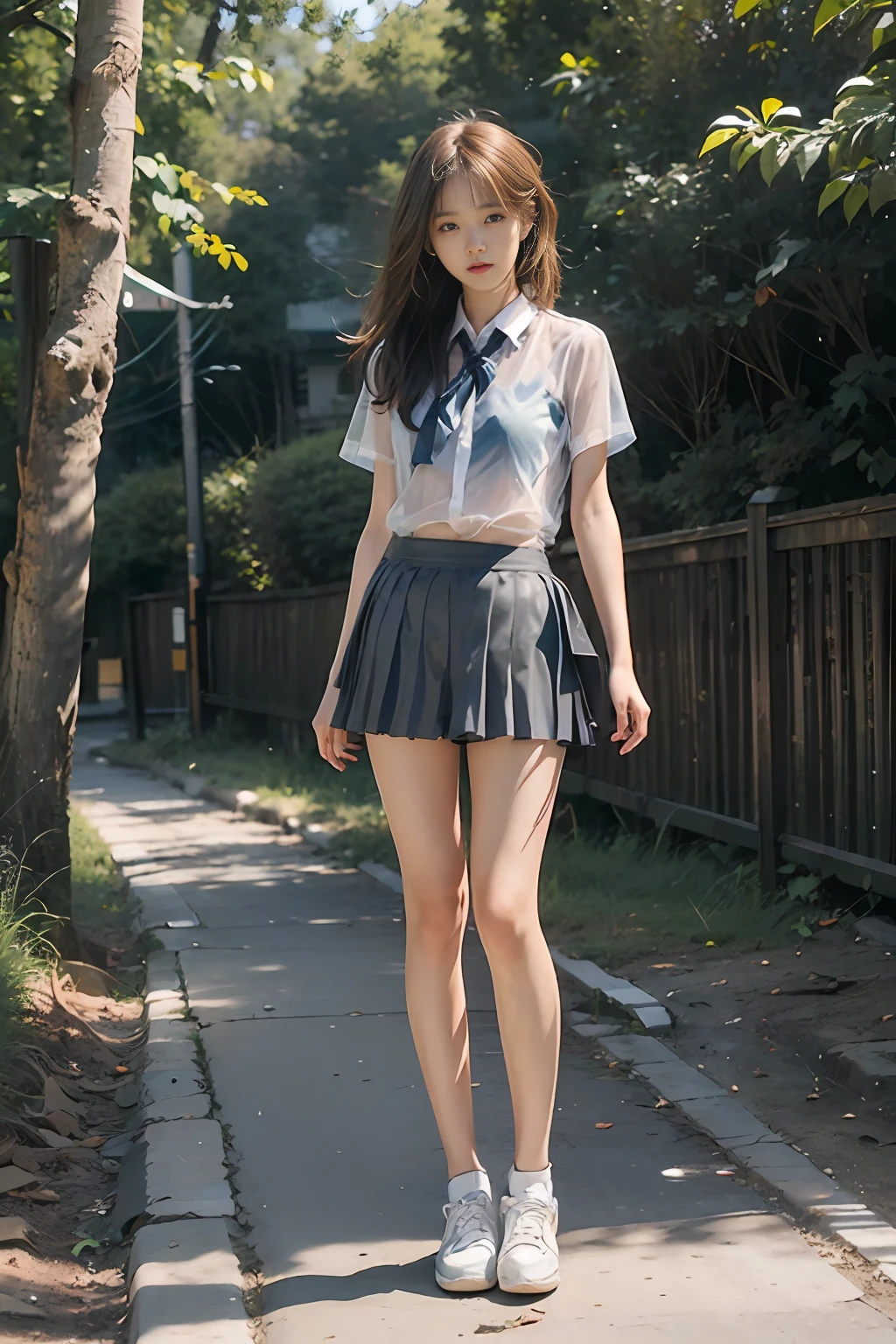 18 years old female, long hair, RAW photo, bokeh (realism: 1.4, realistic), high detail CG unified 8K wallpaper, 1girl, ((slim body: 1)), (small breasts: 1), back to viewer, ((direct view from the front)), (HQ skin: 1.4), 8k uhd, dslr, soft light, high quality, film grain, Fujifilm XT3, ((school uniform, short skirt,see through open skirt:1.5)), ((outdoor, at park))) jangjoo, portrait,((Layered short Haircut, black hire,small breast:1.2)),(looking at viewer:1.4),(full body:1.8)