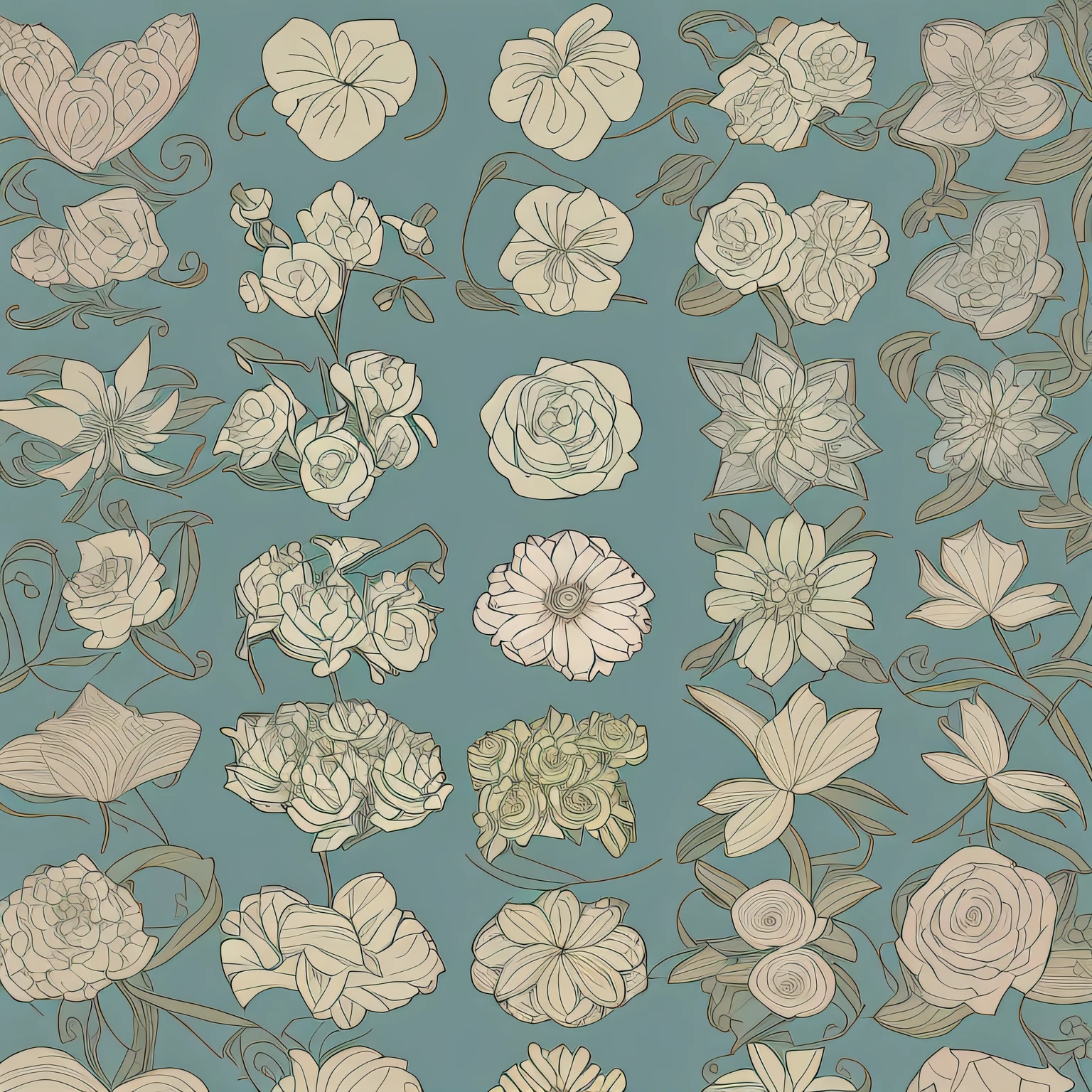 Set pattern of large flowers of defined shape, flat style, vector style, drawing style, naïve style, in soft pastel colors such as old pink, pastel blue, light blue, beige, pastel yellow.