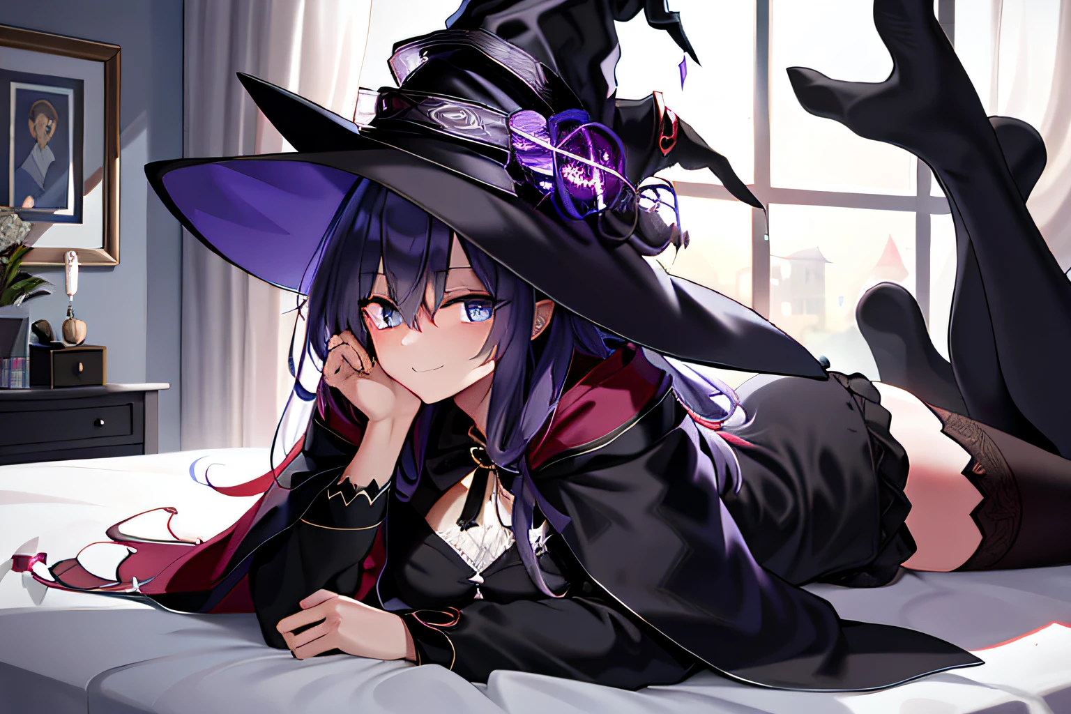 witch laying on bed with hat on her head, fashionable dark witch, witch girl, dark witch, dark witch character, portrait of a young witch girl, side portrait dark witch, ( ( ( black witch hat ) ) ) ), pretty sorceress, portrait of a dark witch, flirty anime witch casting magic