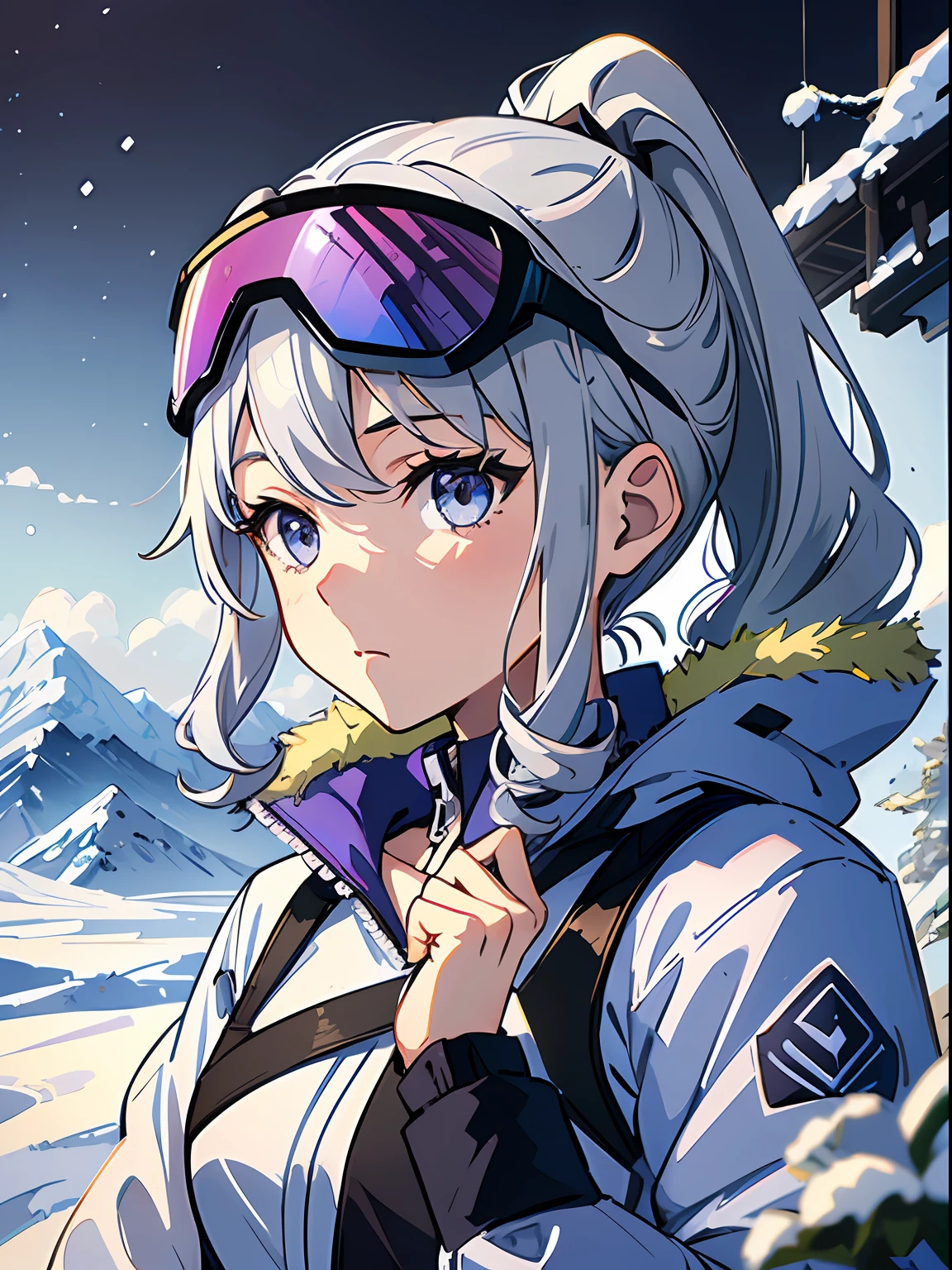 Exquisite masterpiece, best quality, illustration style, an anime girl with curly ponytail, gray beautiful eyes, petite figure, snowy mountain vista, aurora, white ski suit, small, spring, heartwarming, youthful and beautiful, with blue-violet gradient ski goggles, gray hair, showing a natural casual style. The dynamic posture contains the golden section, a large aperture portrait, the picture is blank, the contrast between light and shadow is strong, the texture is super strong, the picture is super clear and concise, presenting an extremely beautiful, elegant and dignified, delicate face