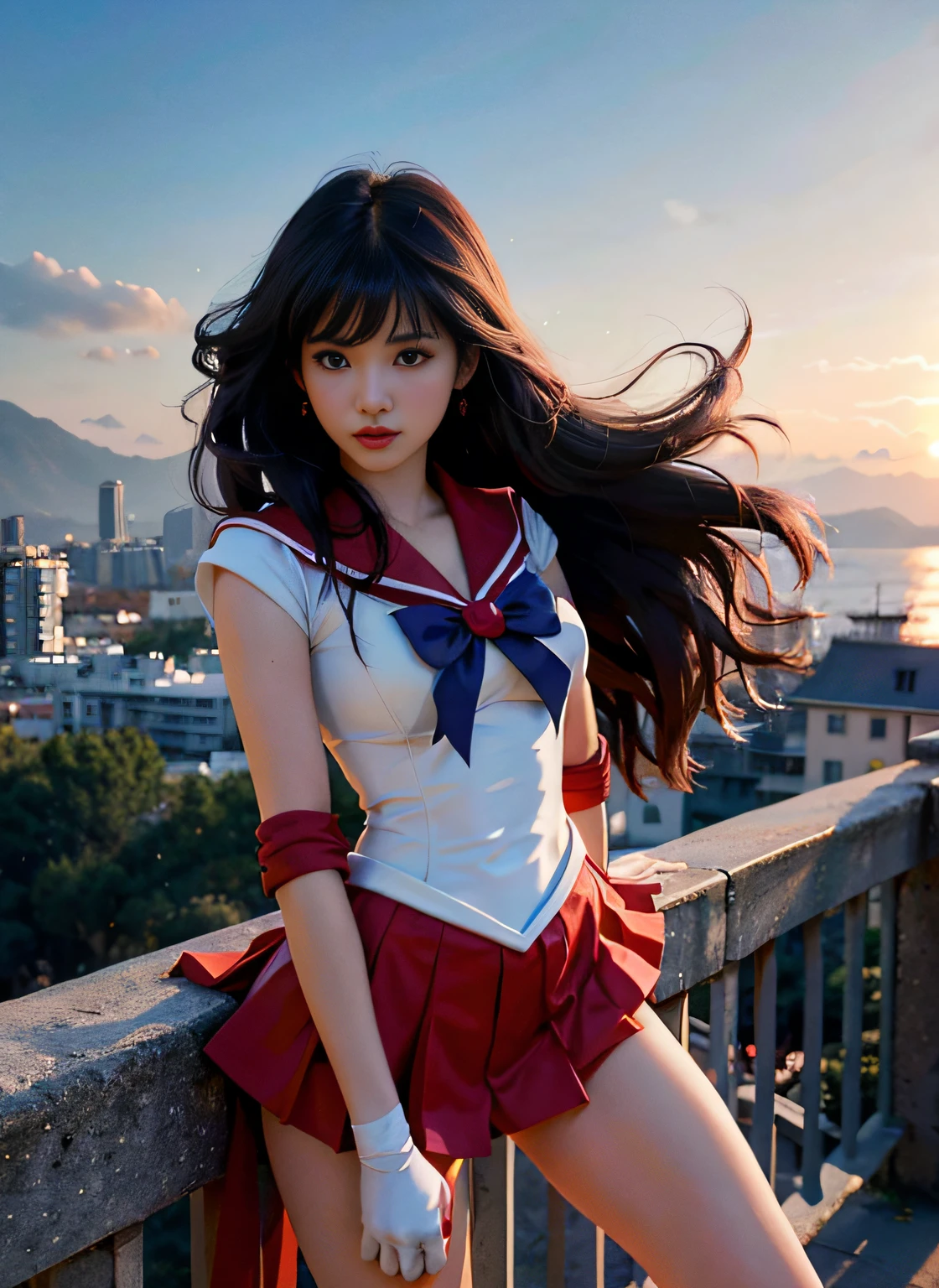 PHOTOREALISTIC , masterpiece, best quality,highres, (yangmi), 1girl, standing on top building, extremely detailed face, wind, SMMars, long hair, sailor senshi uniform, red sailor collar, red skirt, elbow gloves, action pose, from above,