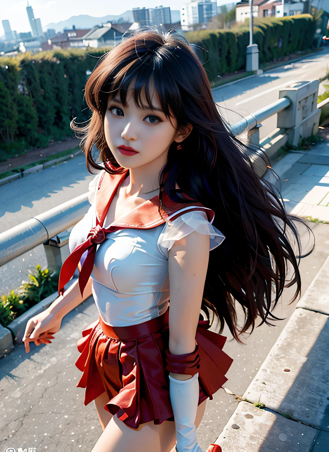PHOTOREALISTIC , masterpiece, best quality,highres, (yangmi), 1girl, standing on top building, extremely detailed face, wind, SMMars, long hair, sailor senshi uniform, red sailor collar, red skirt, elbow gloves, action pose, from above,