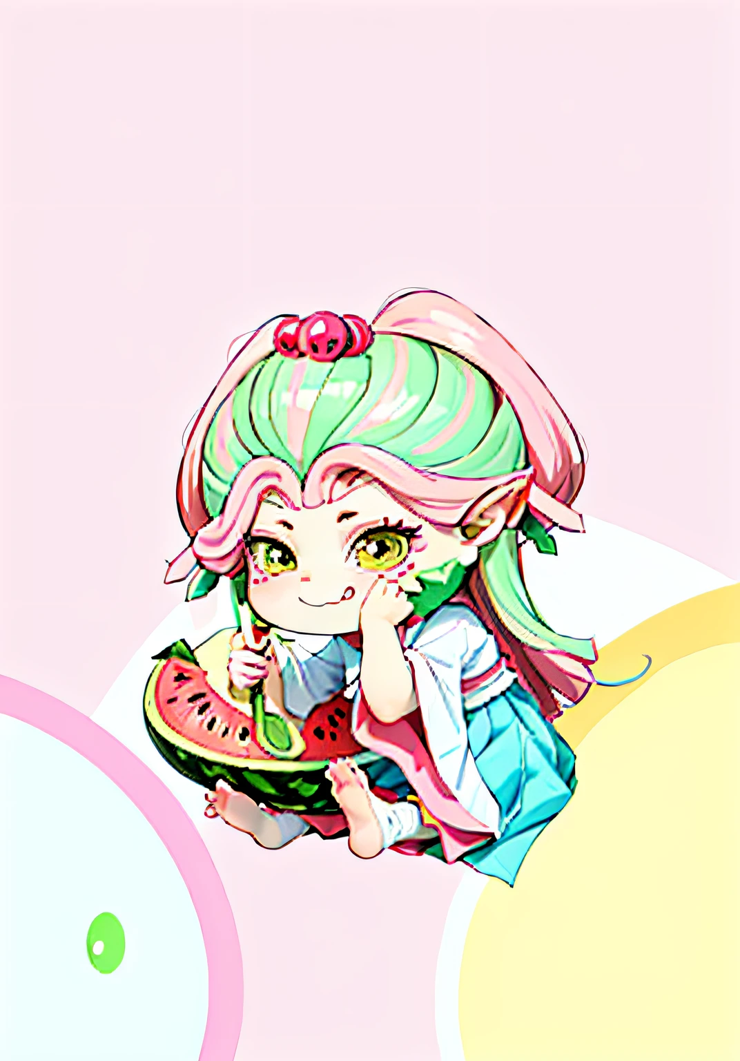 A cute cartoon girl is sitting with a yellow spoon eating watermelon, her hair is all pink, her top is white, her skirt is green, her cute feet are under watermelon, her watermelon is red, watermelon skin is green, line art, blank background