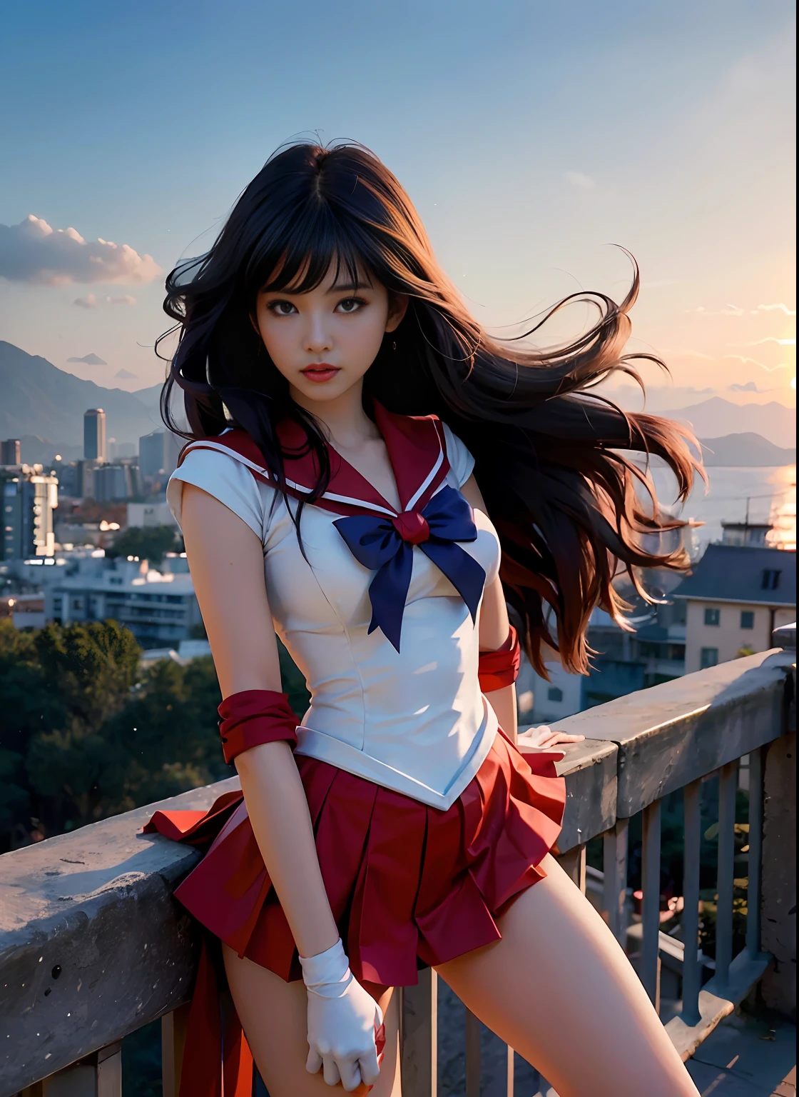 PHOTOREALISTIC , masterpiece, best quality,highres, (yangmi), 1girl, standing on top building, extremely detailed face, wind, SMMars, long hair, sailor senshi uniform, red sailor collar, red skirt, elbow gloves, action pose, from above,