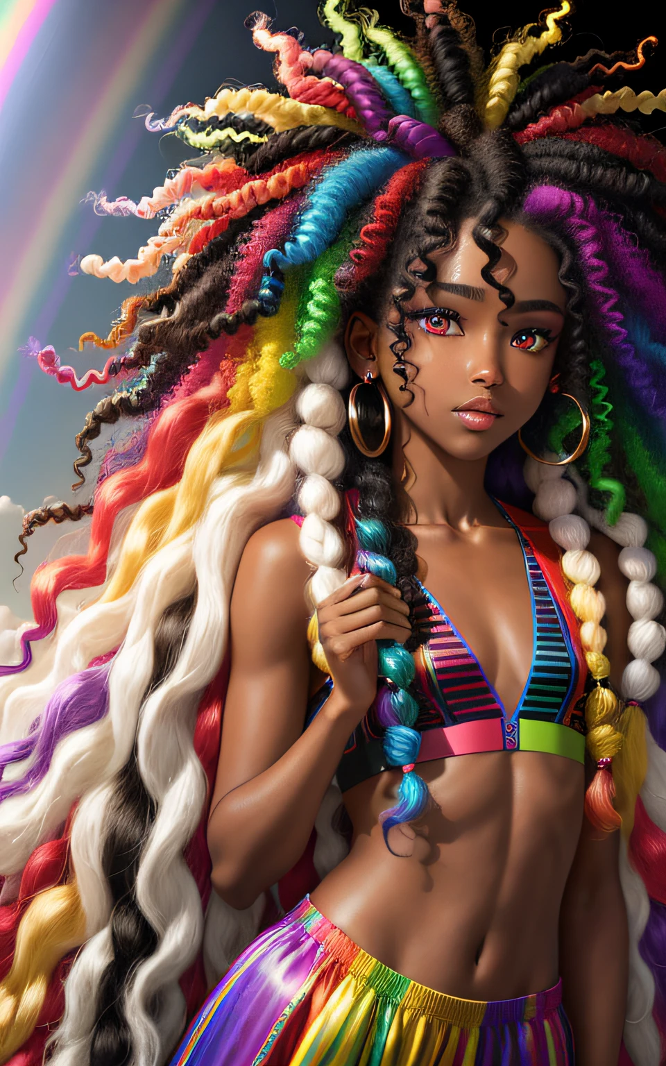 Afro-textured hair, sparkling eyes, dark skin, extreme long curly messed hair, extreme rainbow neon rainbow hair, heterochromia eyes, really curly hair, masterpiece, looking up