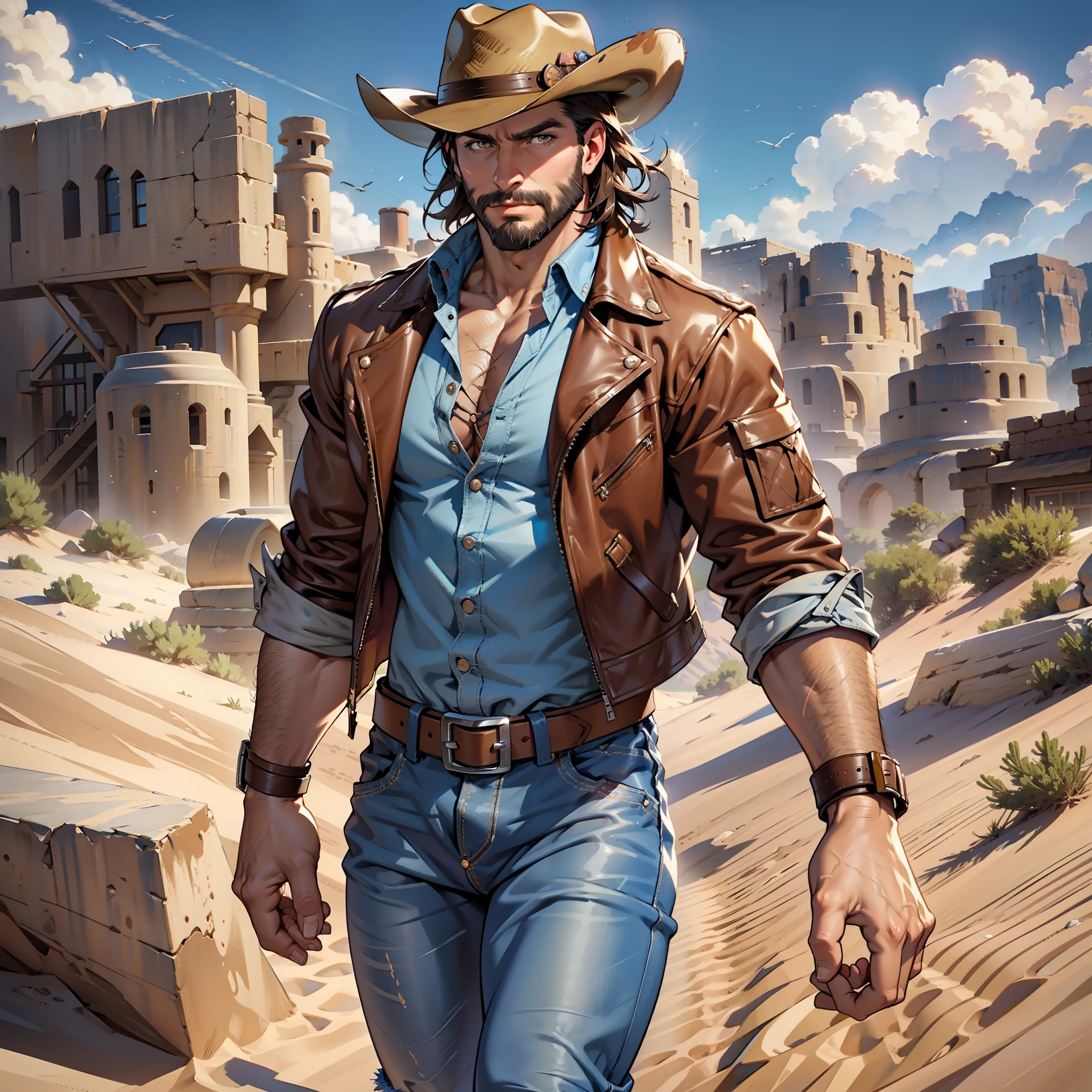 cowboy, muscular man, blue dress blouse, brown leather jacket, long jeans, cowboy boots, wearing a revolver, cowboy hat, dark brown hair, short hair, brown eyes, medium beard, mechanical arm, desert scenery, sand everywhere.
