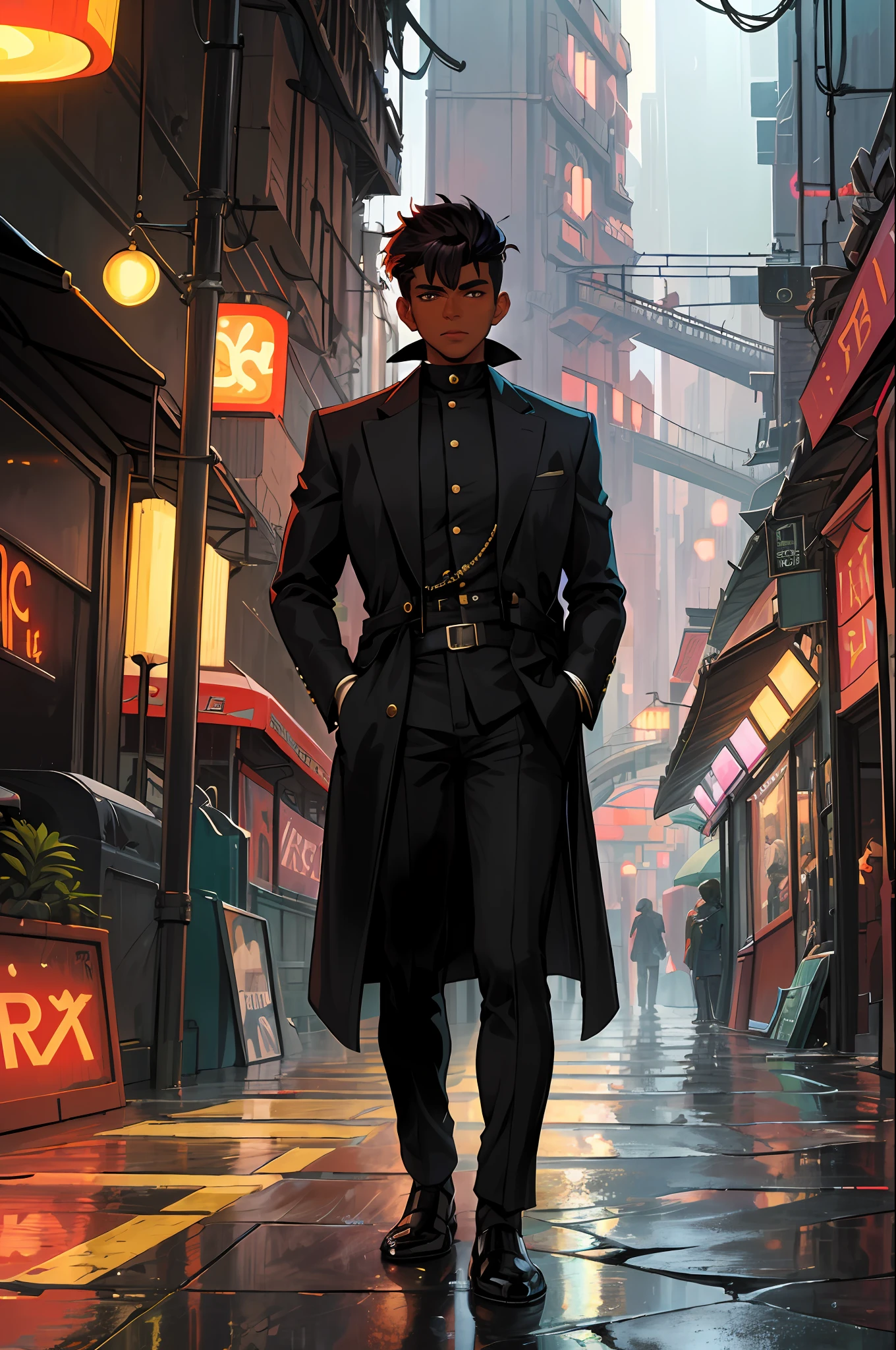 ((masterpiece)),((best quality)),((high detail)),((realistic,)) Futurist-era city, deep gorges in the middle, architectural streets, bazaars, bridges, cyberpunk, European architecture, rainy night, neon, futuristic motorcycle, 1boy, dark skin, short curly hair, shaved side, overcoat, brown eye