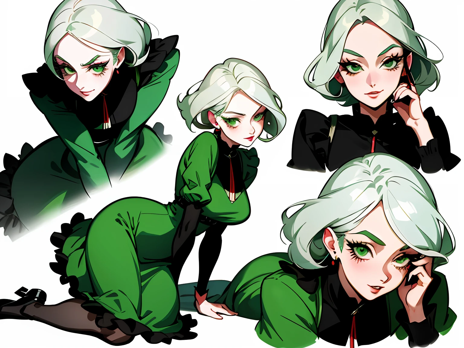 masterpiece, A tall 80-year-old anime-style granny woman with white hair and green eyes, anime-style nose and fleshy lips of red color and curled black eyelashes, face: open-mouthed, pose: calling with cell phone in hand placed in her ear lying down, wearing a long green dress with a tight waist and a pair of black scarpins, perfect equal hands, realistic anime anatomy, full body illustration well advanced high quality, high definition camera,(single background, white background:1.3), multiple open-mouth views, Multiple views of the same character in the same outfit:1.3.