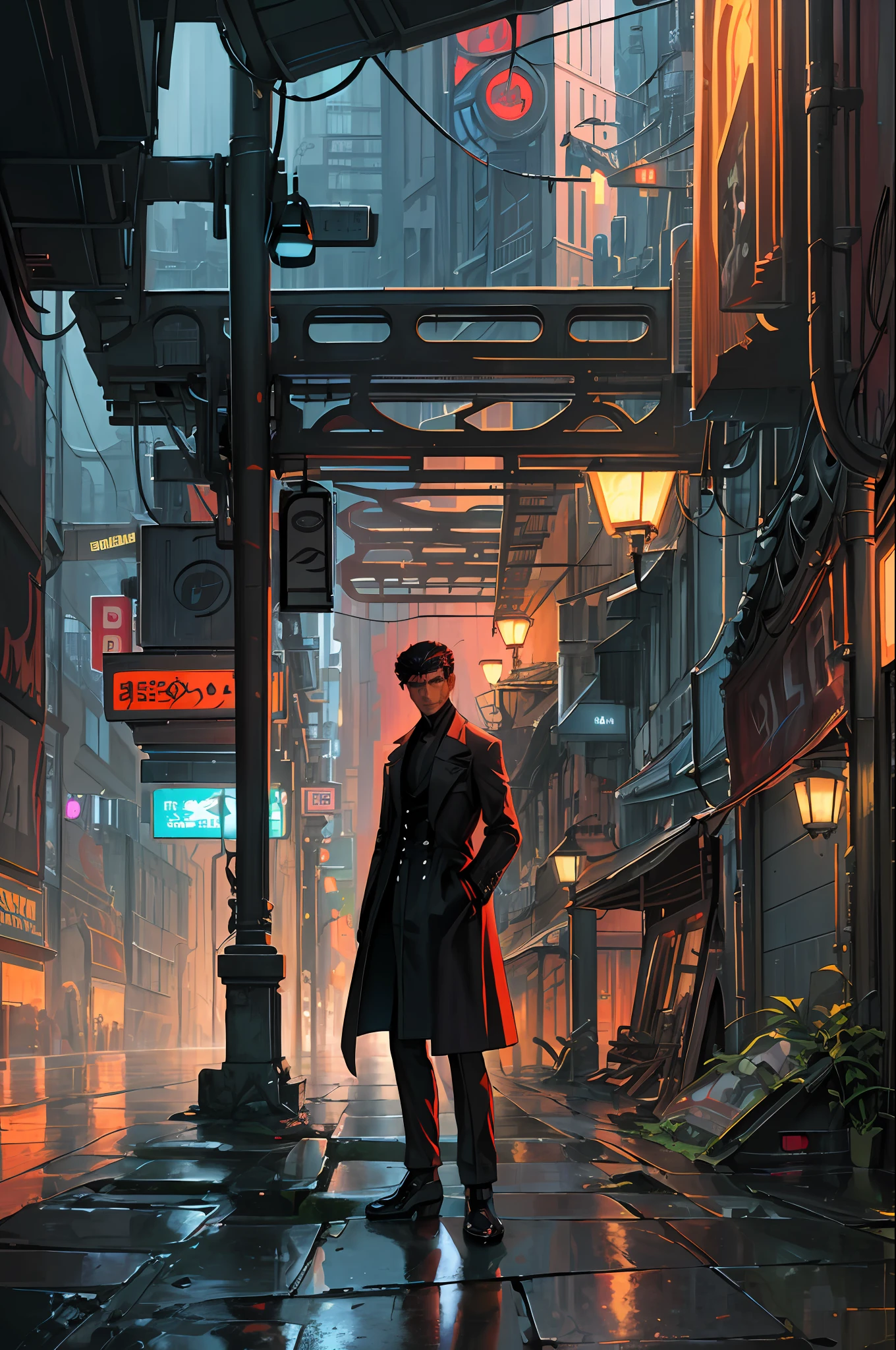 ((masterpiece)),((best quality)),((high detail)),((realistic,)) Futurist-era city, deep gorges in the middle, architectural streets, bazaars, bridges, cyberpunk, European architecture, rainy night, neon, futuristic motorcycle, 1boy, dark skin, short curly hair, shaved side, overcoat, brown eye