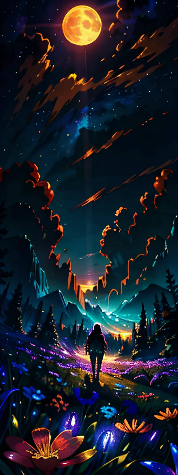 expansive landscape photograph , (a view from below that shows sky above and open field below), a girl standing on flower field looking up, (full moon:1.2), ( shooting stars:0.9), (nebula:1.3), distant mountain, tree BREAK
production art, (warm light source:1.2), (Firefly:1.2), lamp, lot of purple and orange, intricate details, volumetric lighting BREAK
(masterpiece:1.2), (best quality), 4k, ultra-detailed, (dynamic composition:1.4), highly detailed, colorful details,( iridescent colors:1.2), (glowing lighting, atmospheric lighting), dreamy, magical, (solo:1.2)