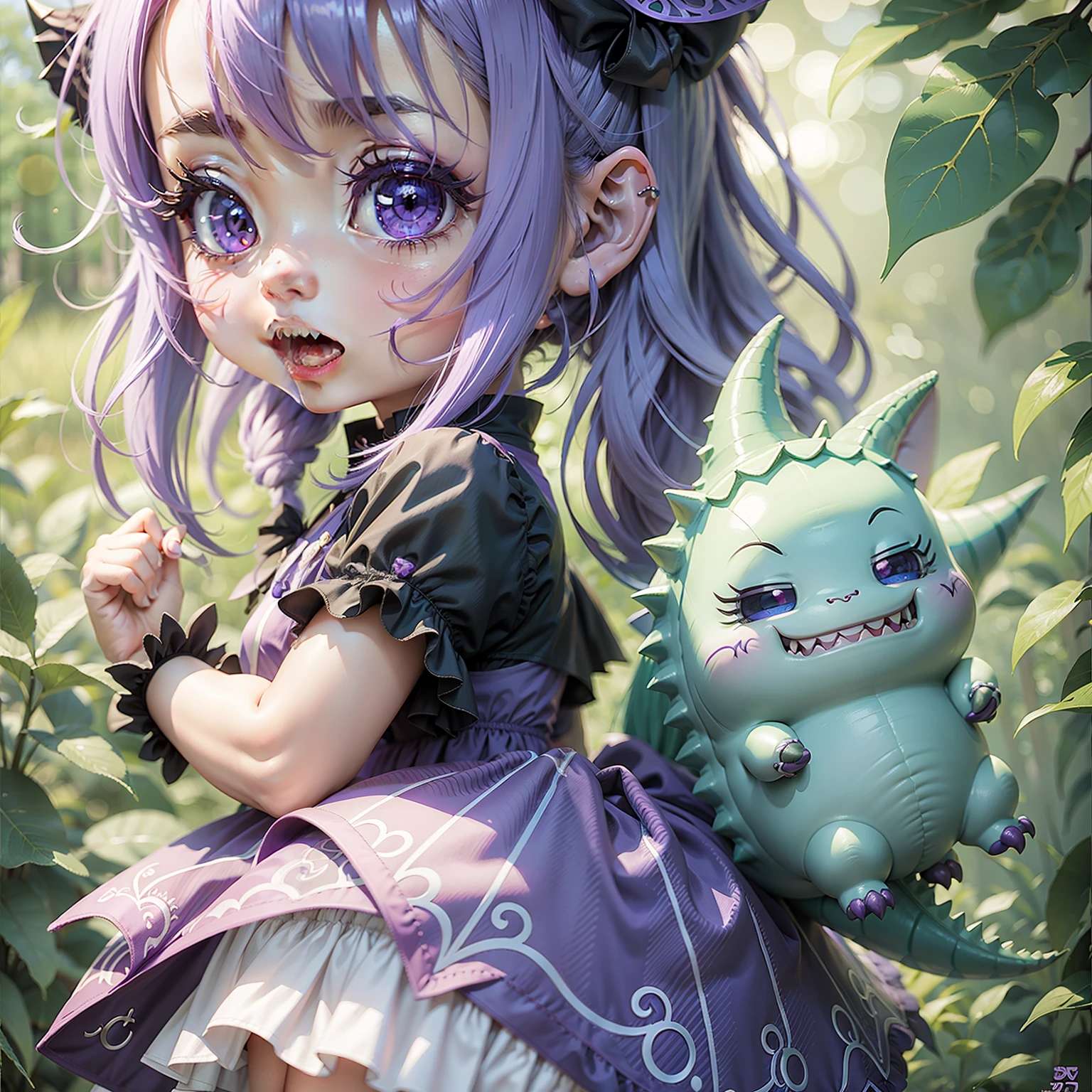 anime girl with purple hair and blue eyes holding a green leaf, chibi girl, kawaii chibi, anime chibi, advanced digital chibi art, small curvy loli, chibi, anime moe artstyle, chibi anime girl, chibi art, chibi anime, chibi style, cute anime waifu in a nice dress, cute kawaii girl, loli, cute character, dinosaur girl, dinosaur demon, demon girl, sharp teeth